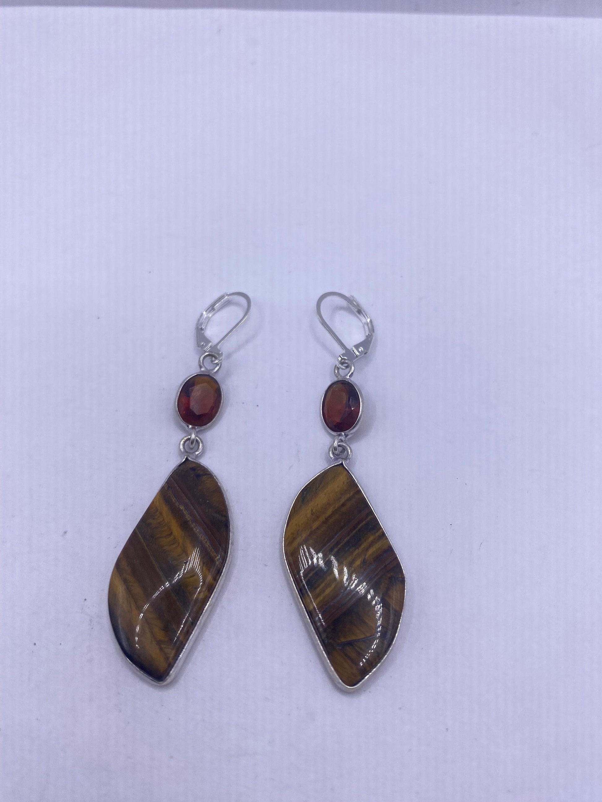 Vintage Tigers Eye Dangle Earrings 925 Sterling Silver Lever Backs