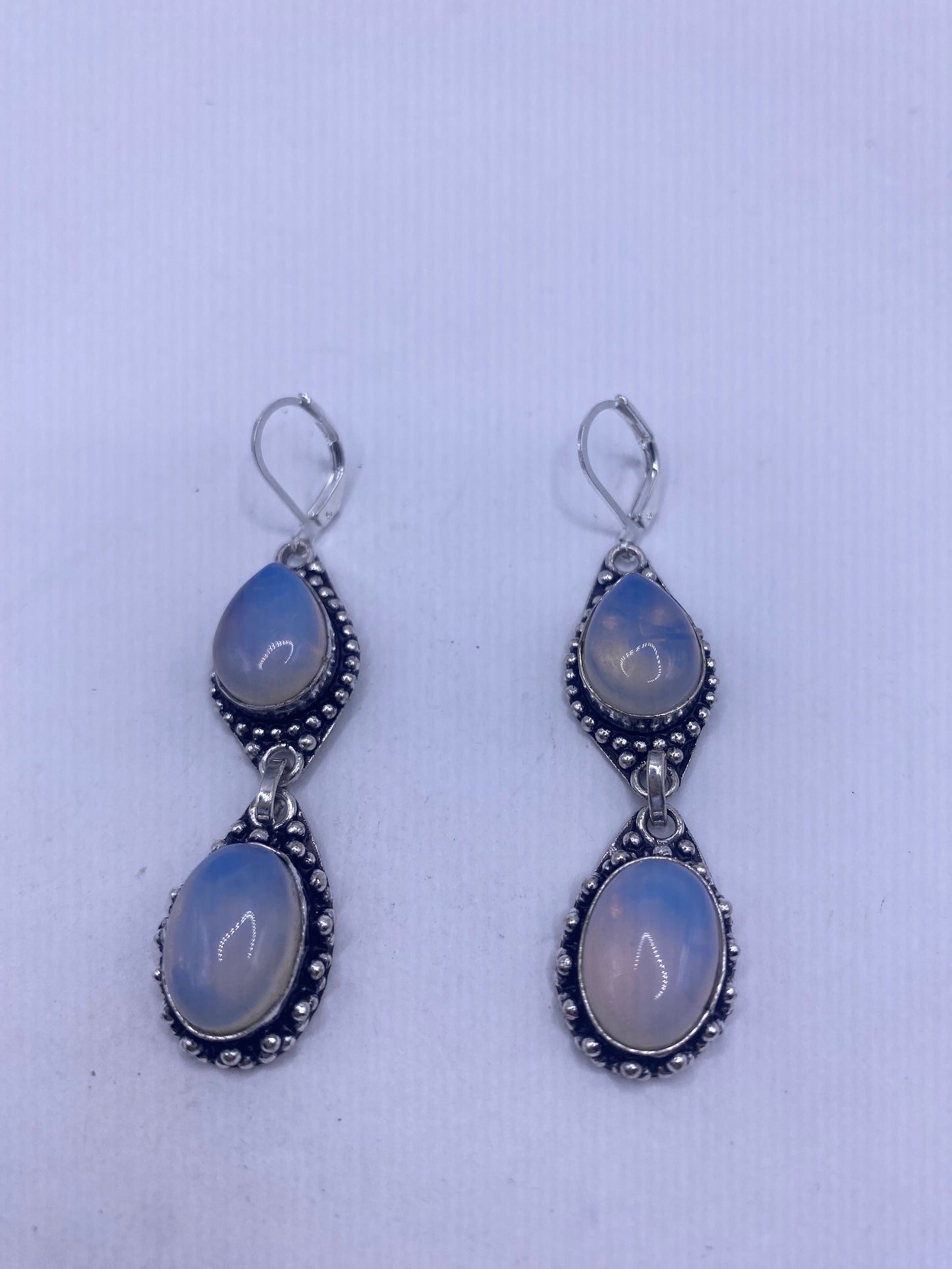 Antique Vintage Blue White Opal Glass Silver Dangle Earrings