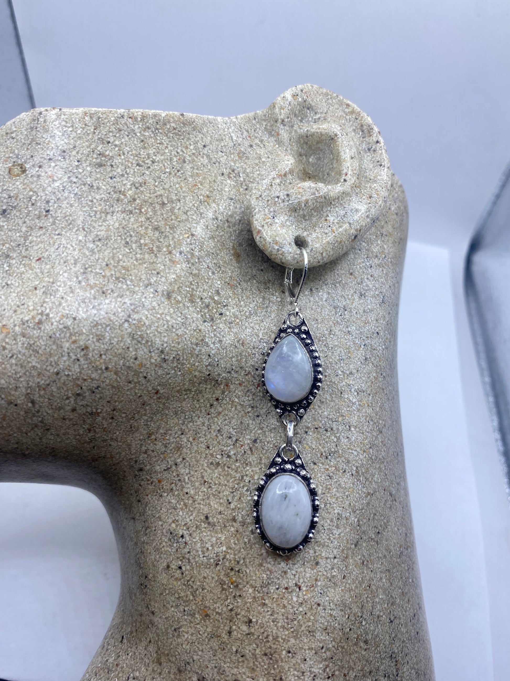 Vintage Rainbow Moonstone Sterling Silver Lever Back Dangle Earrings