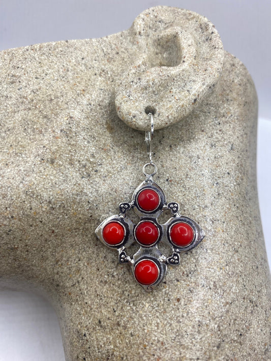 Vintage Red Coral Ruby Glass Earrings 925 Sterling Silver Leverback
