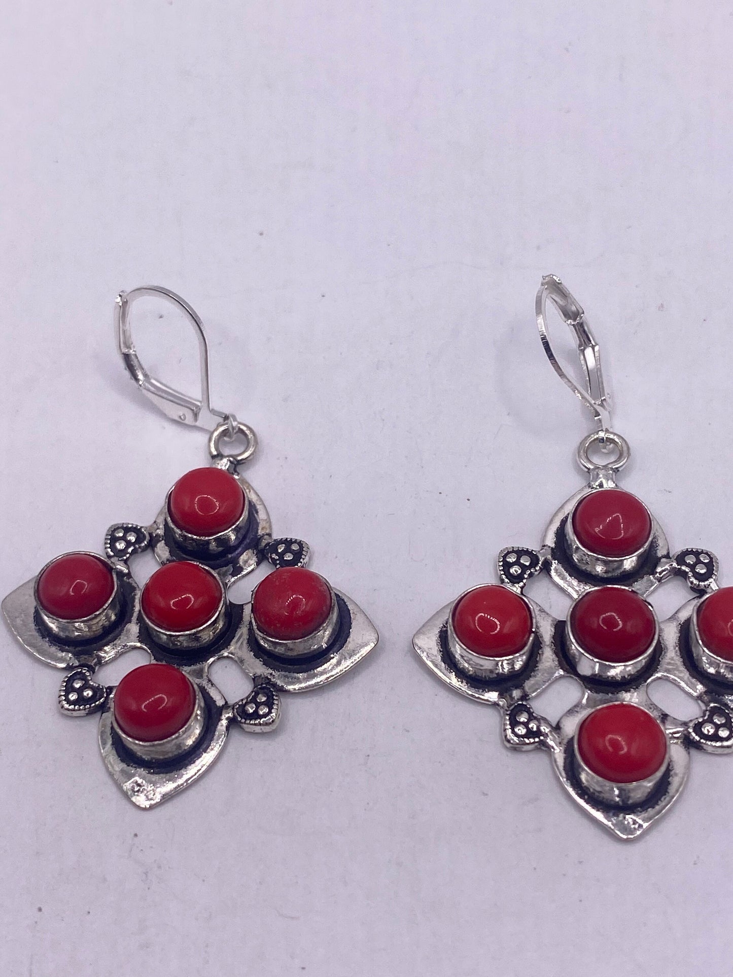 Vintage Red Coral Ruby Glass Earrings 925 Sterling Silver Leverback
