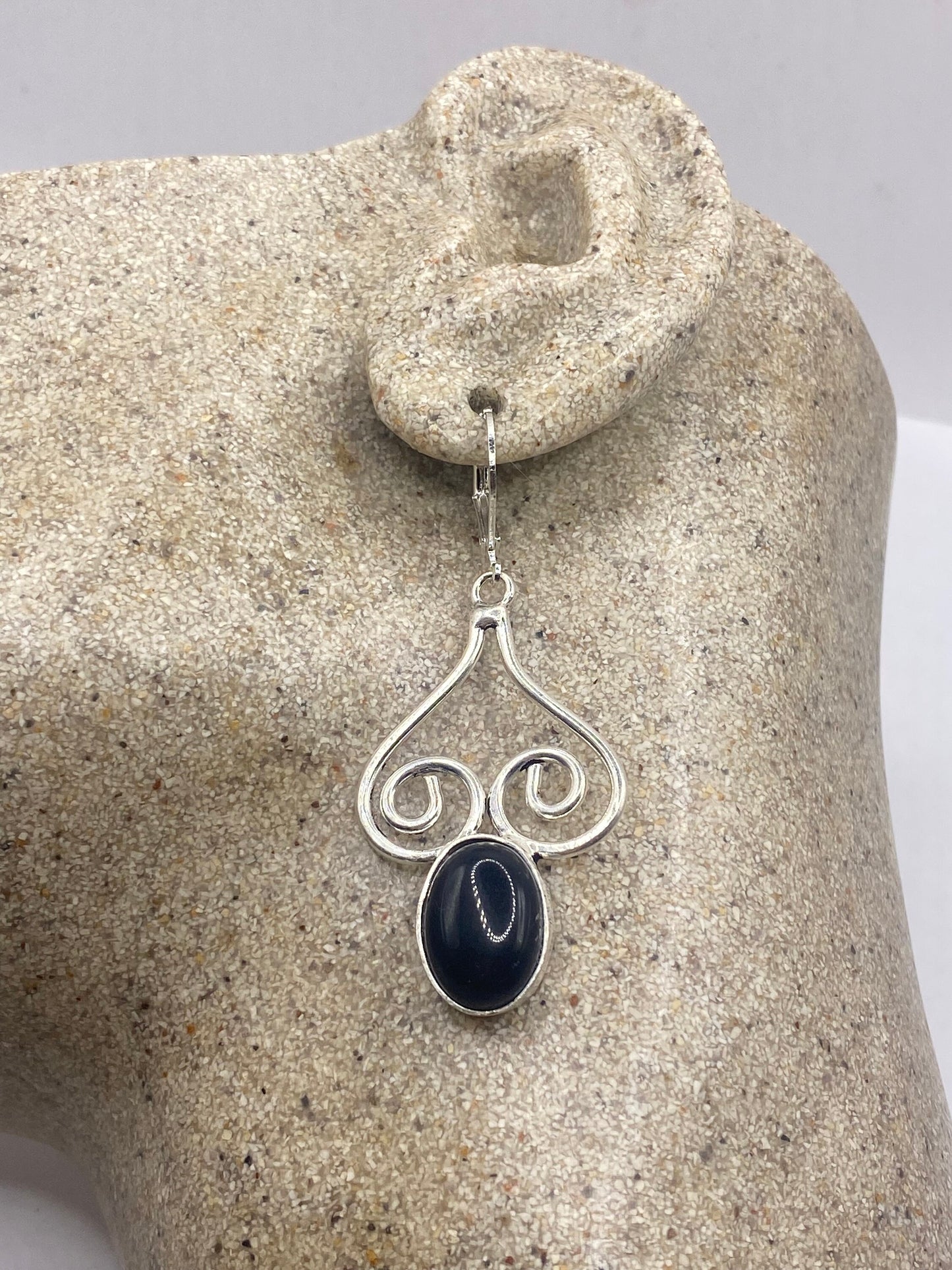 Vintage Black Earring Onyx 925 Sterling Silver Deco Dangle Chandelier