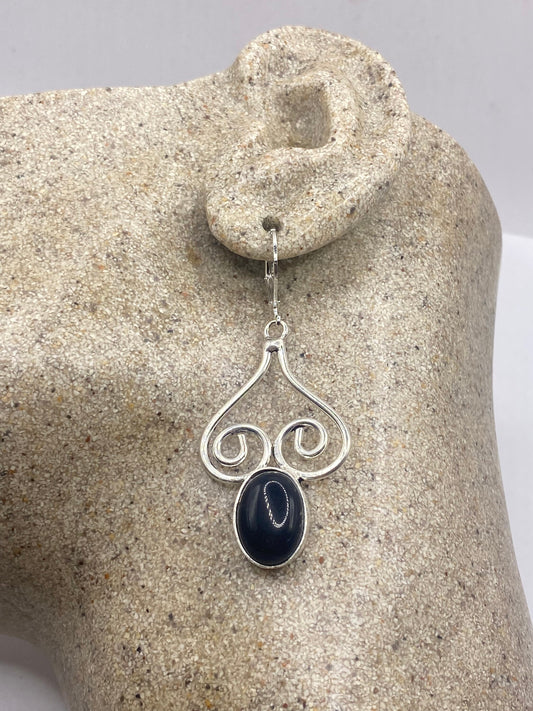 Vintage Black Earring Onyx 925 Sterling Silver Deco Dangle Chandelier