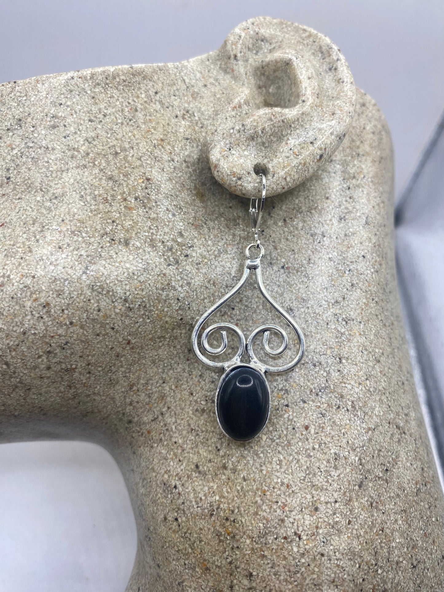 Vintage Black Earring Onyx 925 Sterling Silver Deco Dangle Chandelier