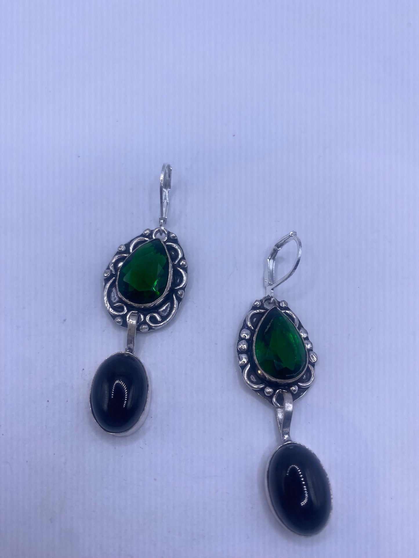 Vintage Black Earring Onyx and Green Glass 925 Sterling Silver Deco Dangle Chandelier