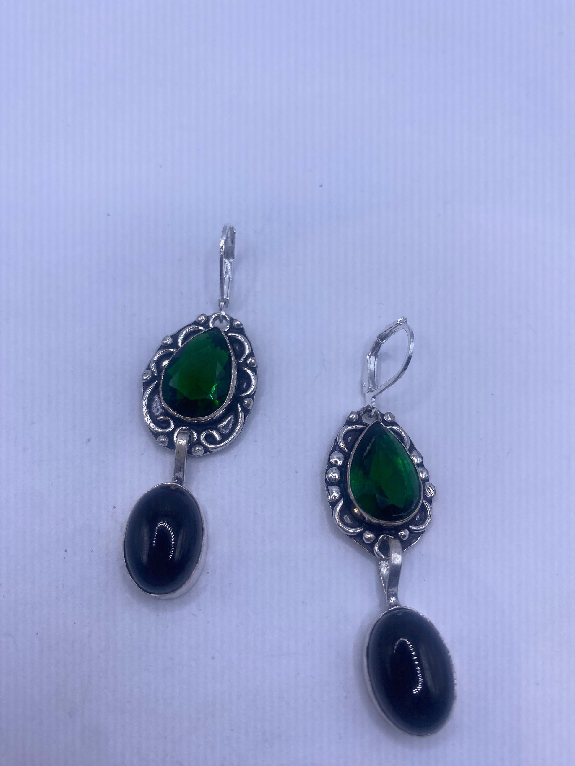 Vintage Black Earring Onyx and Green Glass 925 Sterling Silver Deco Dangle Chandelier