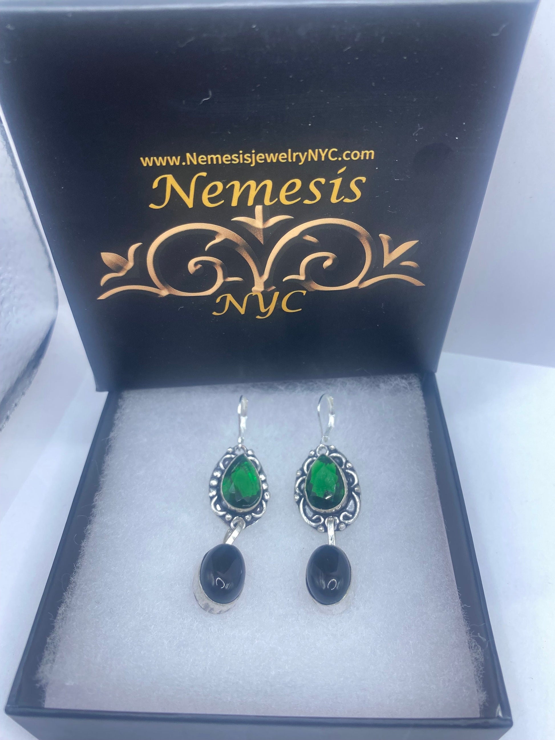 Vintage Black Earring Onyx and Green Glass 925 Sterling Silver Deco Dangle Chandelier