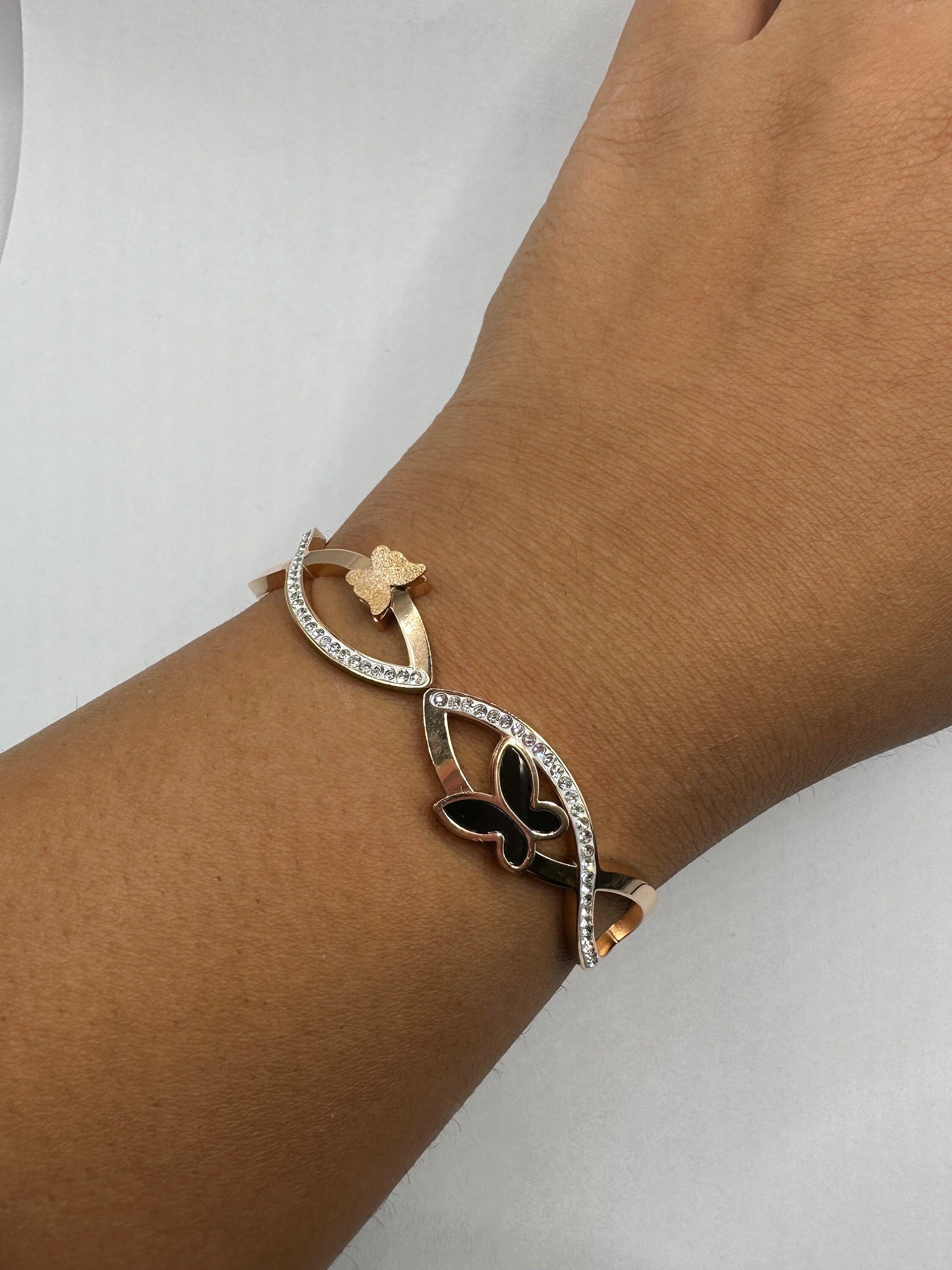 Vintage Butterfly Bangle Bracelet 9k Gold filled Crystal