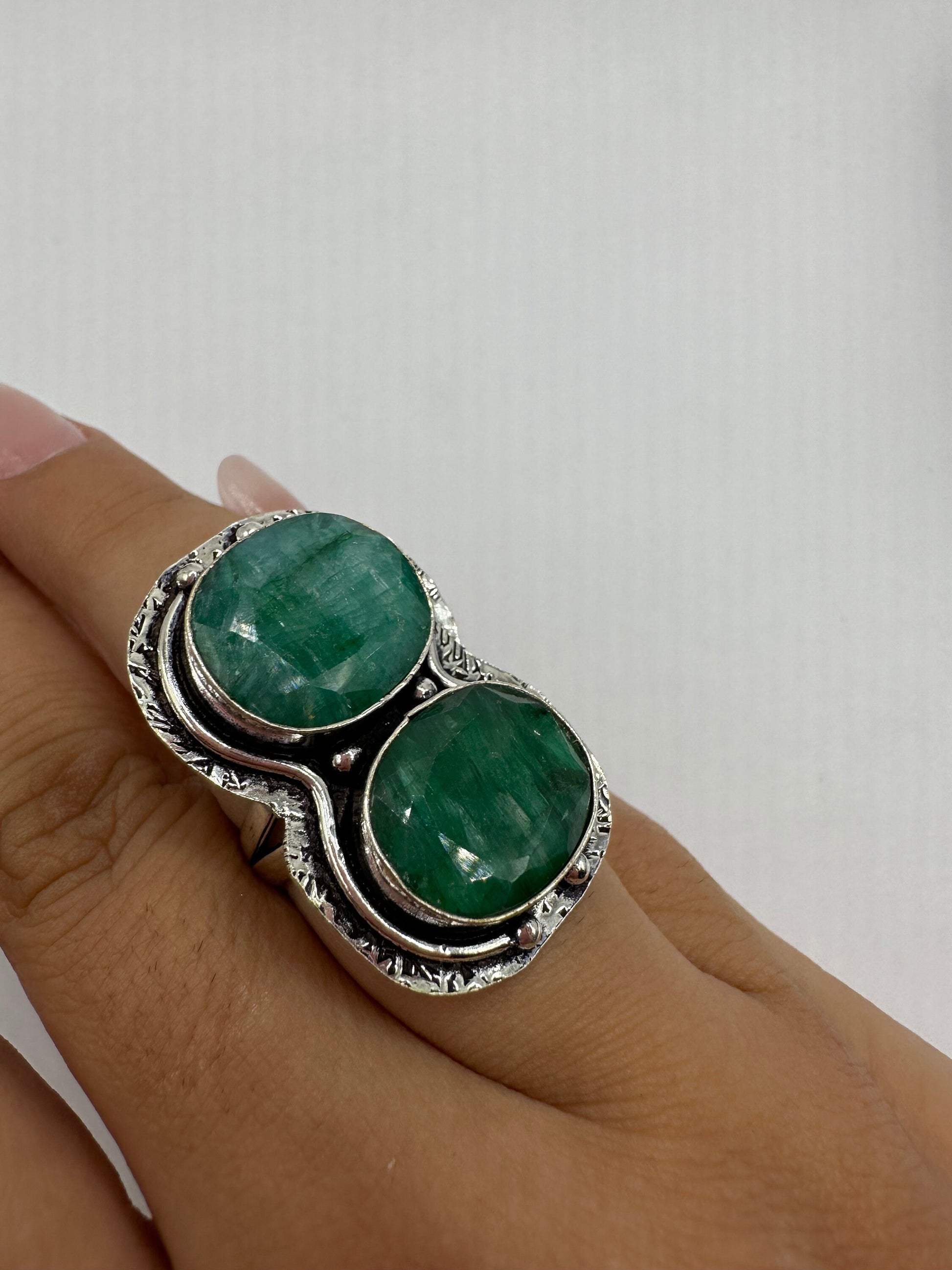 Vintage Green Raw Emerald Silver Bronze Statement Boho Ring