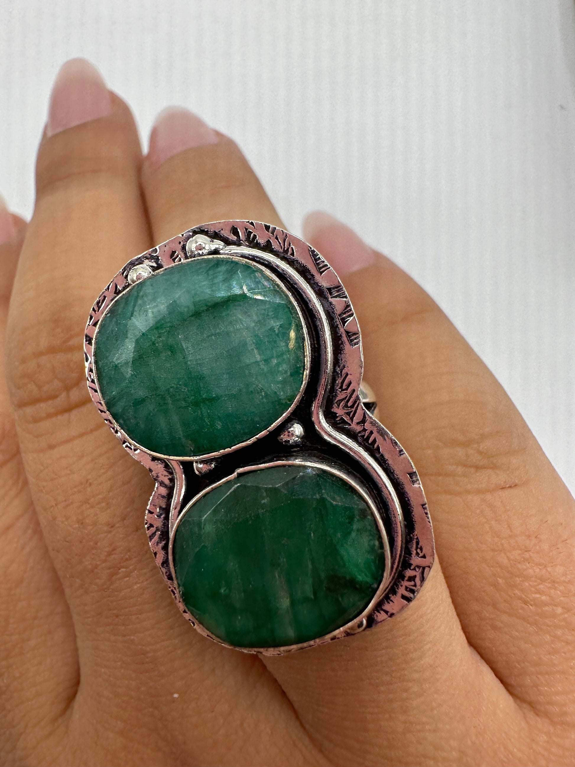 Vintage Green Raw Emerald Silver Bronze Statement Boho Ring