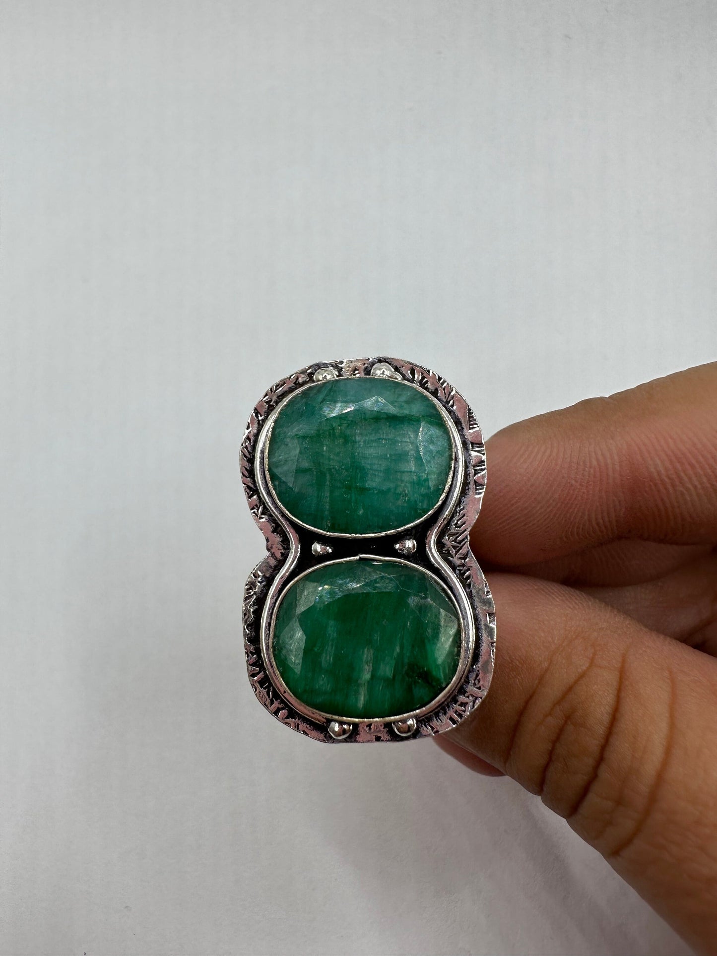 Vintage Green Raw Emerald Silver Bronze Statement Boho Ring