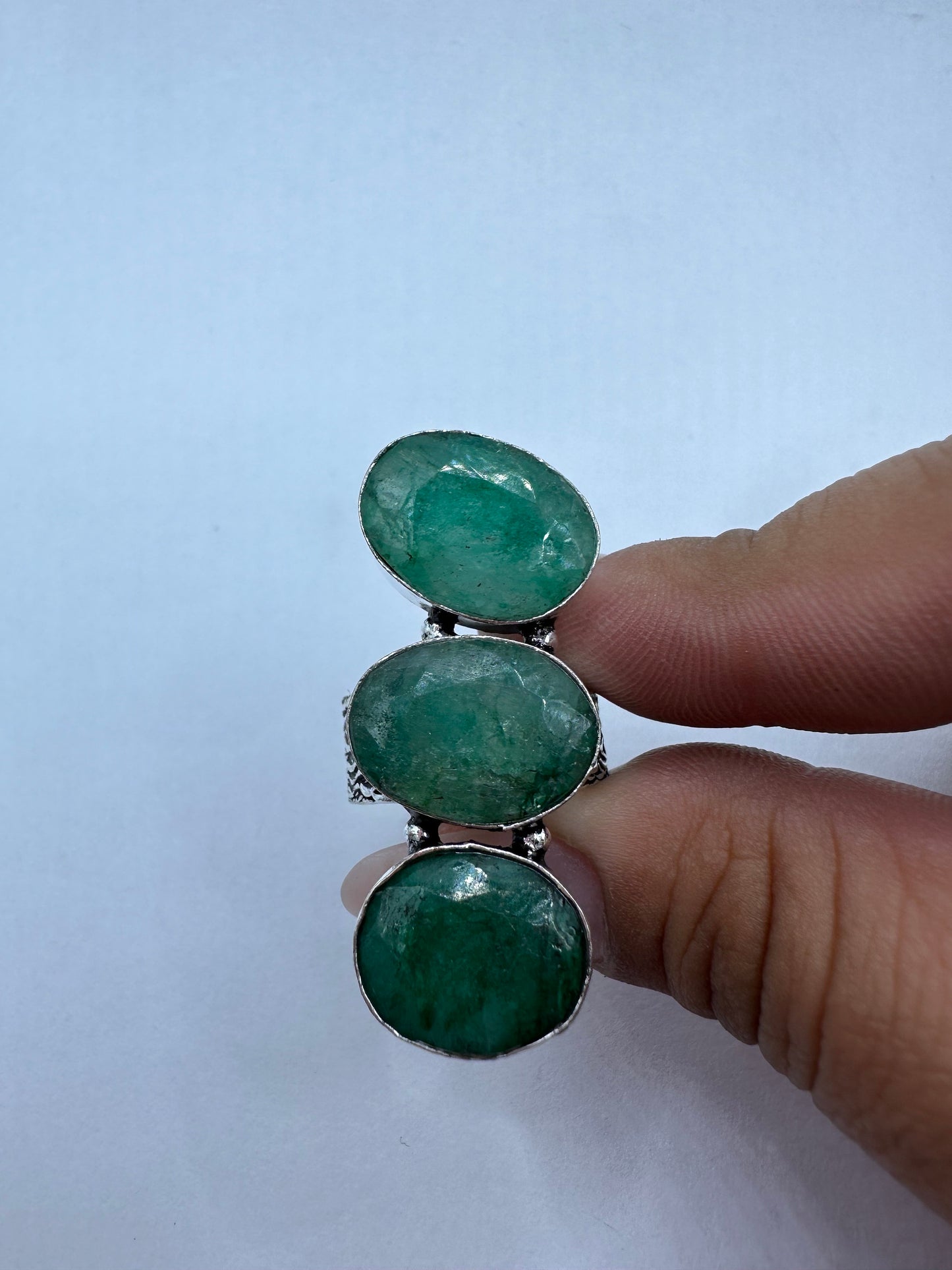 Vintage Green Raw Emerald Silver Bronze Statement Boho Ring