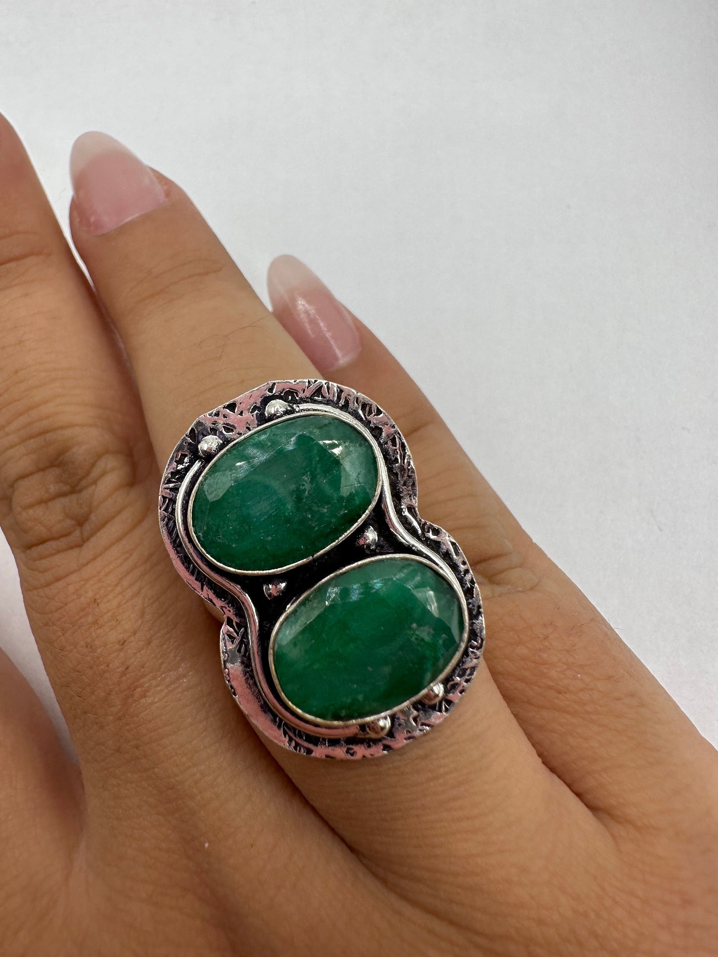 Vintage Green Raw Emerald Silver Bronze Statement Boho Ring