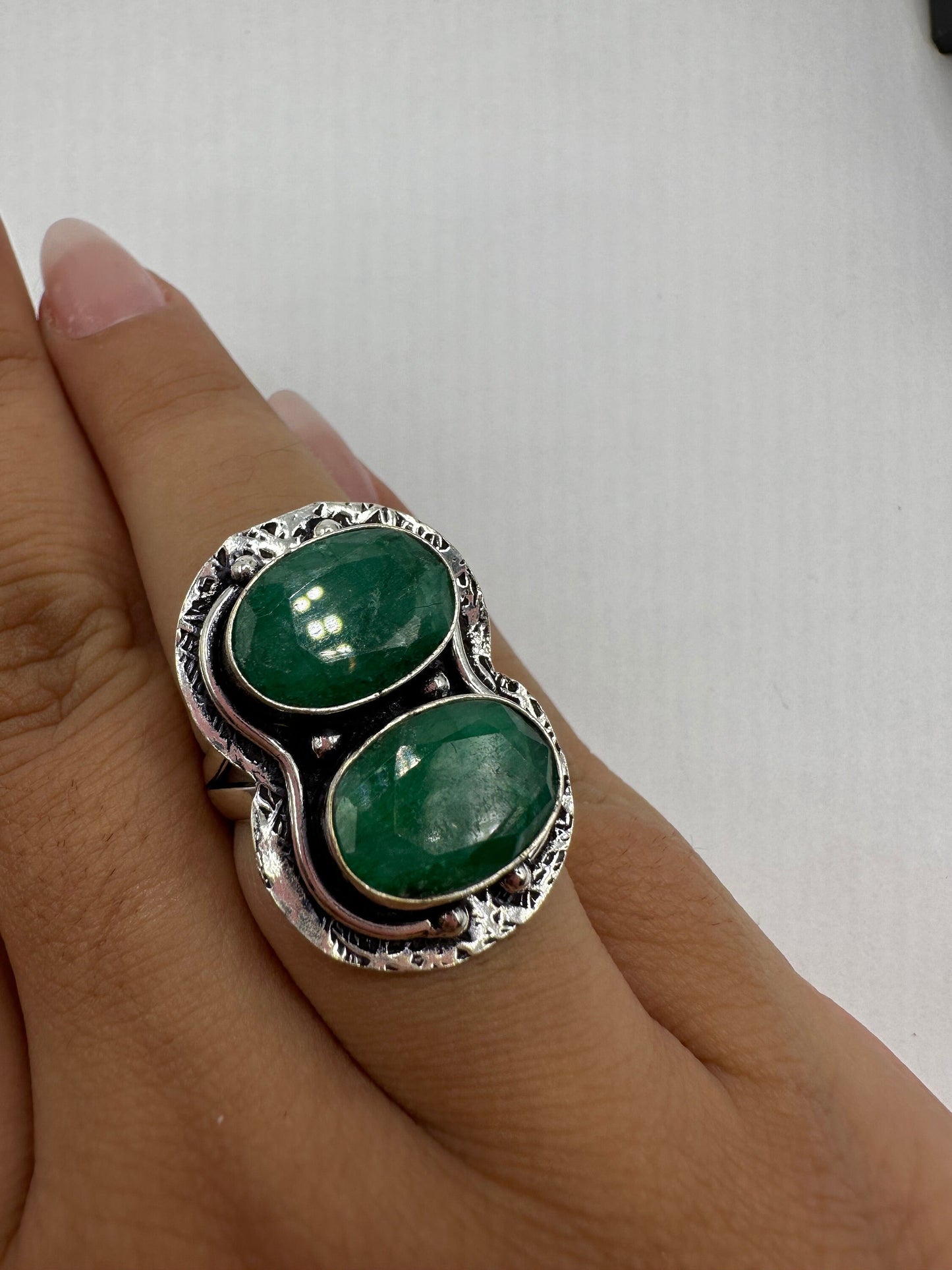 Vintage Green Raw Emerald Silver Bronze Statement Boho Ring