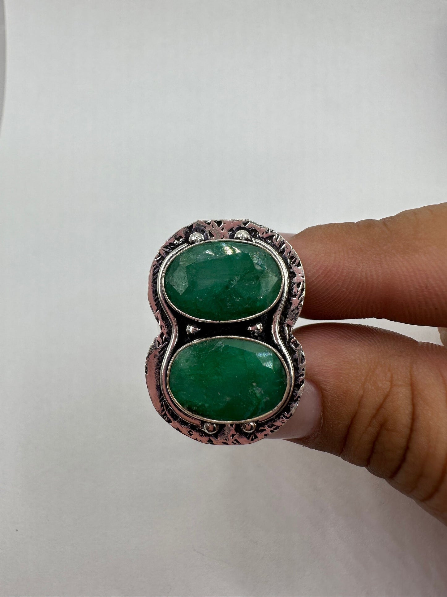 Vintage Green Raw Emerald Silver Bronze Statement Boho Ring