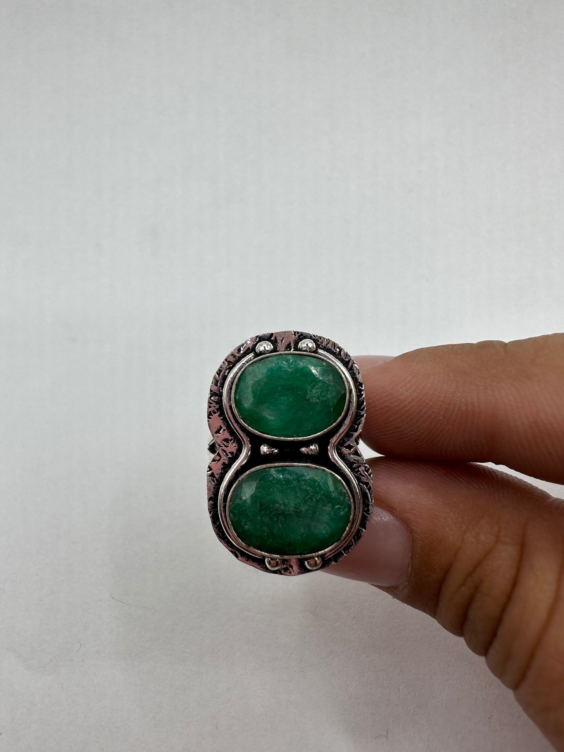 Vintage Green Raw Emerald Silver Bronze Statement Boho Ring