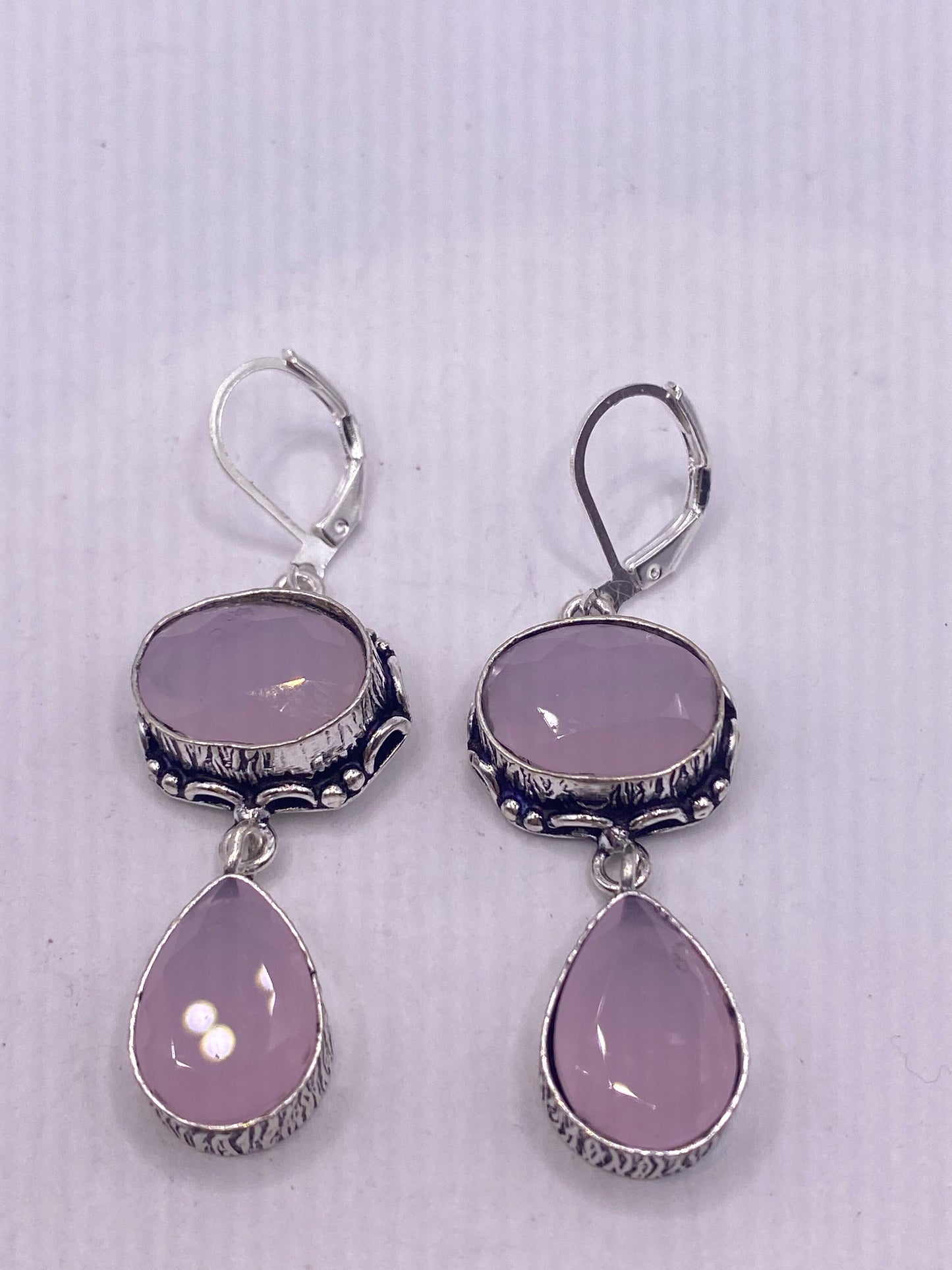 Antique Vintage Pink Rose Quartz Glass Silver Dangle Earrings