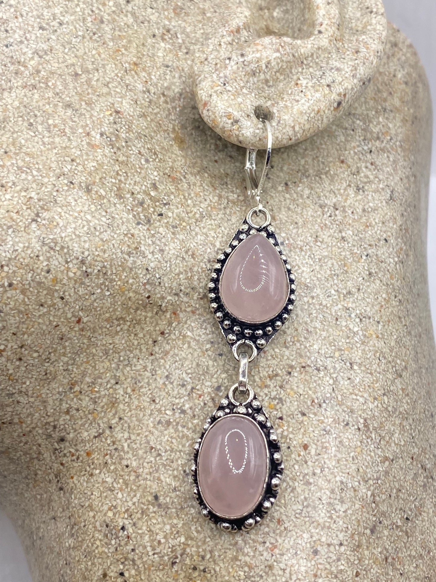 Antique Vintage Pink Rose Quartz Glass Silver Dangle Earrings