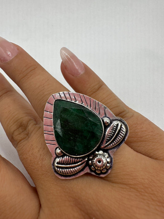 Vintage Green Raw Emerald Silver Bronze Statement Boho Ring