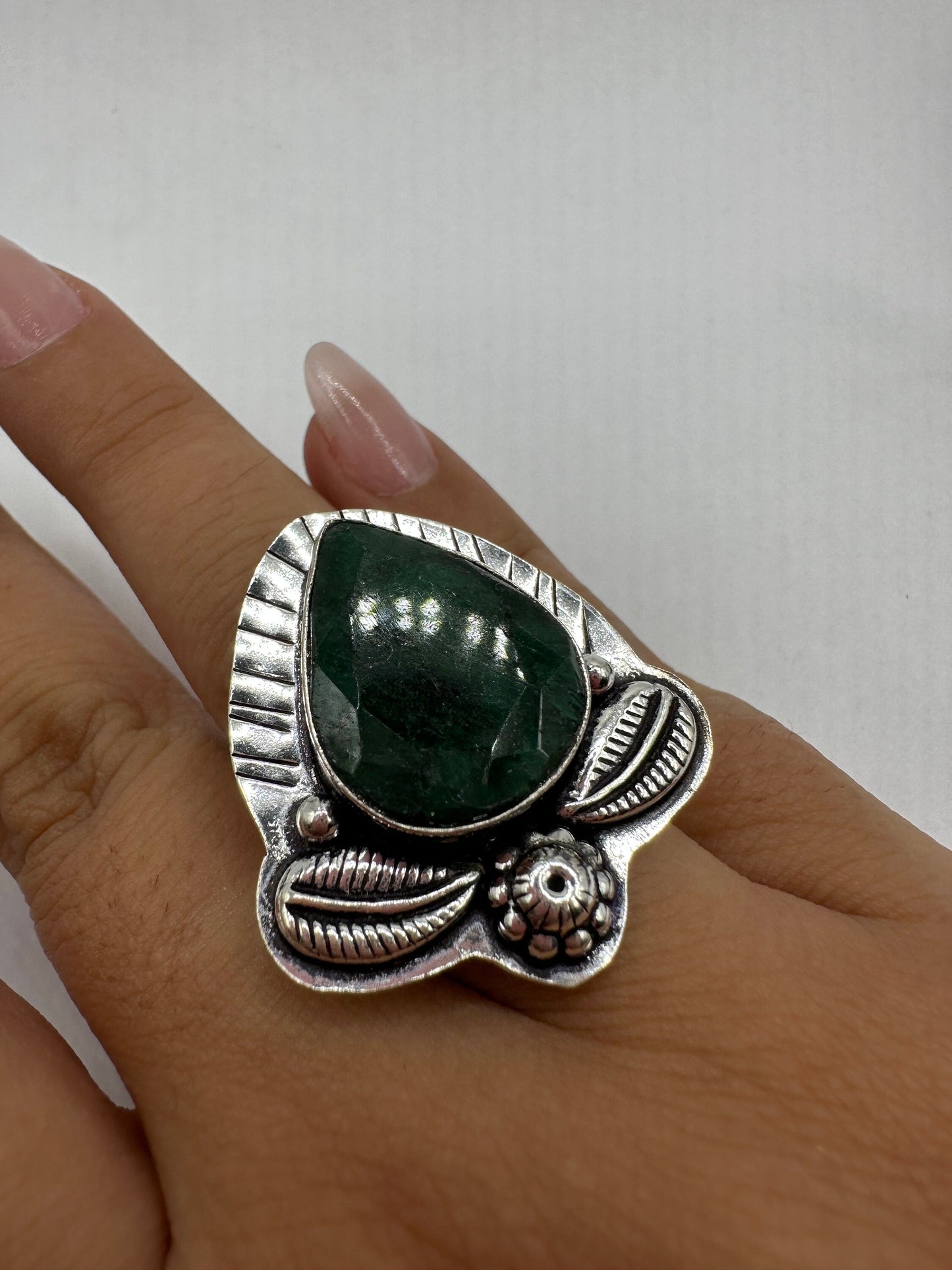 Vintage Green Raw Emerald Silver Bronze Statement Boho Ring