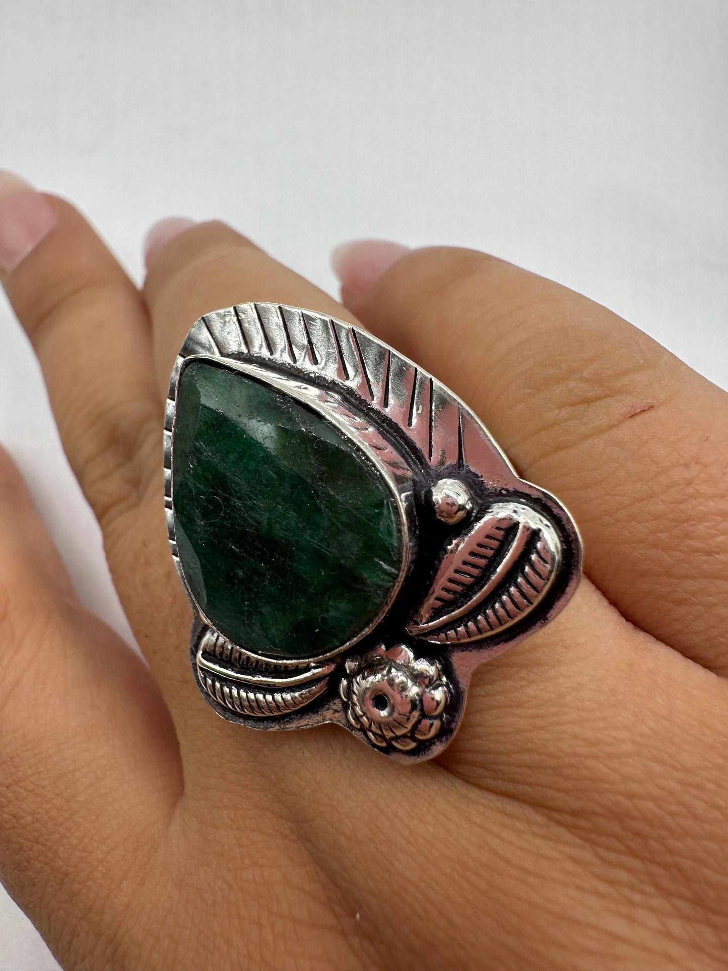 Vintage Green Raw Emerald Silver Bronze Statement Boho Ring