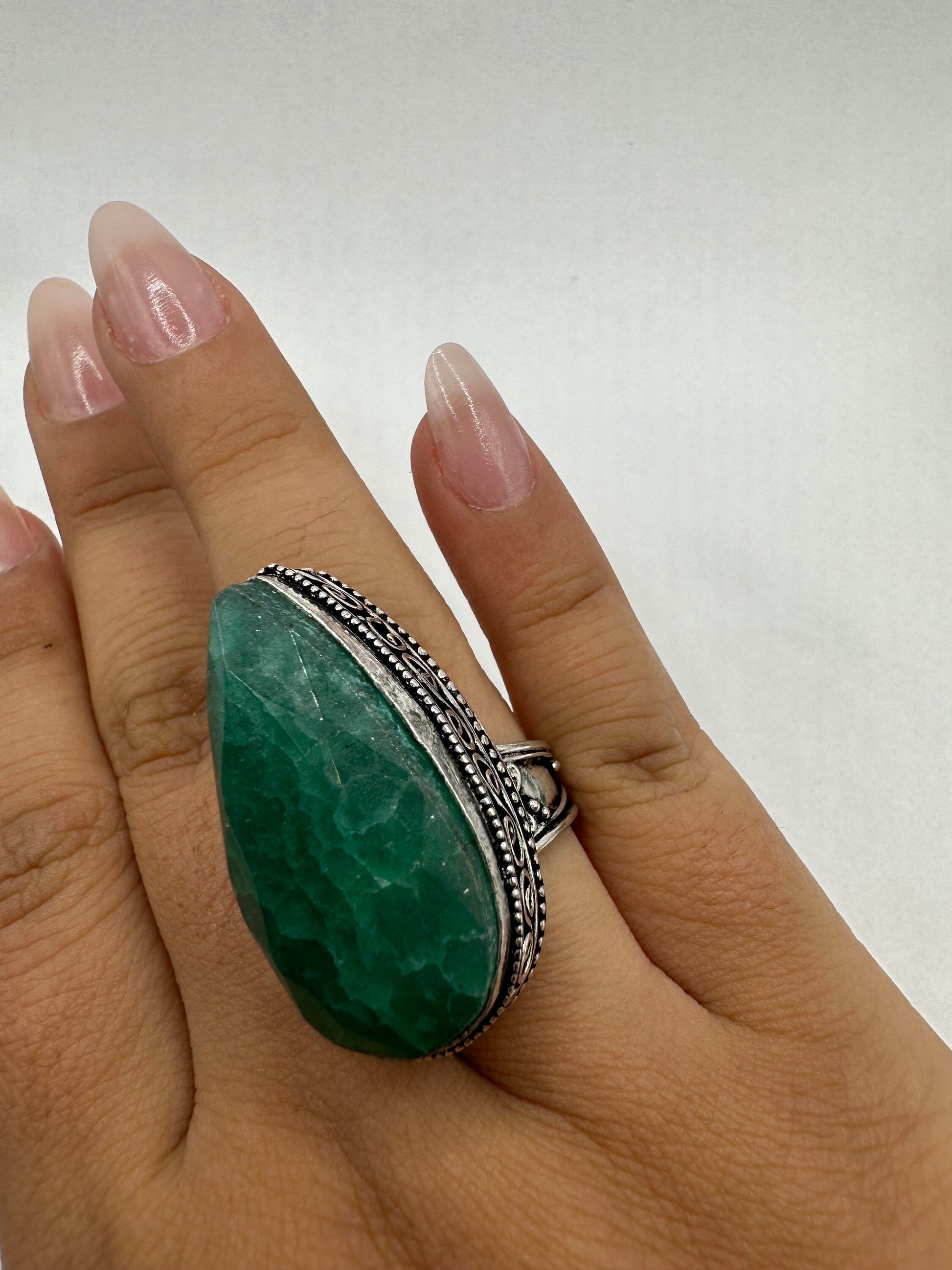 Vintage Green Raw Emerald Silver Bronze Statement Boho Ring