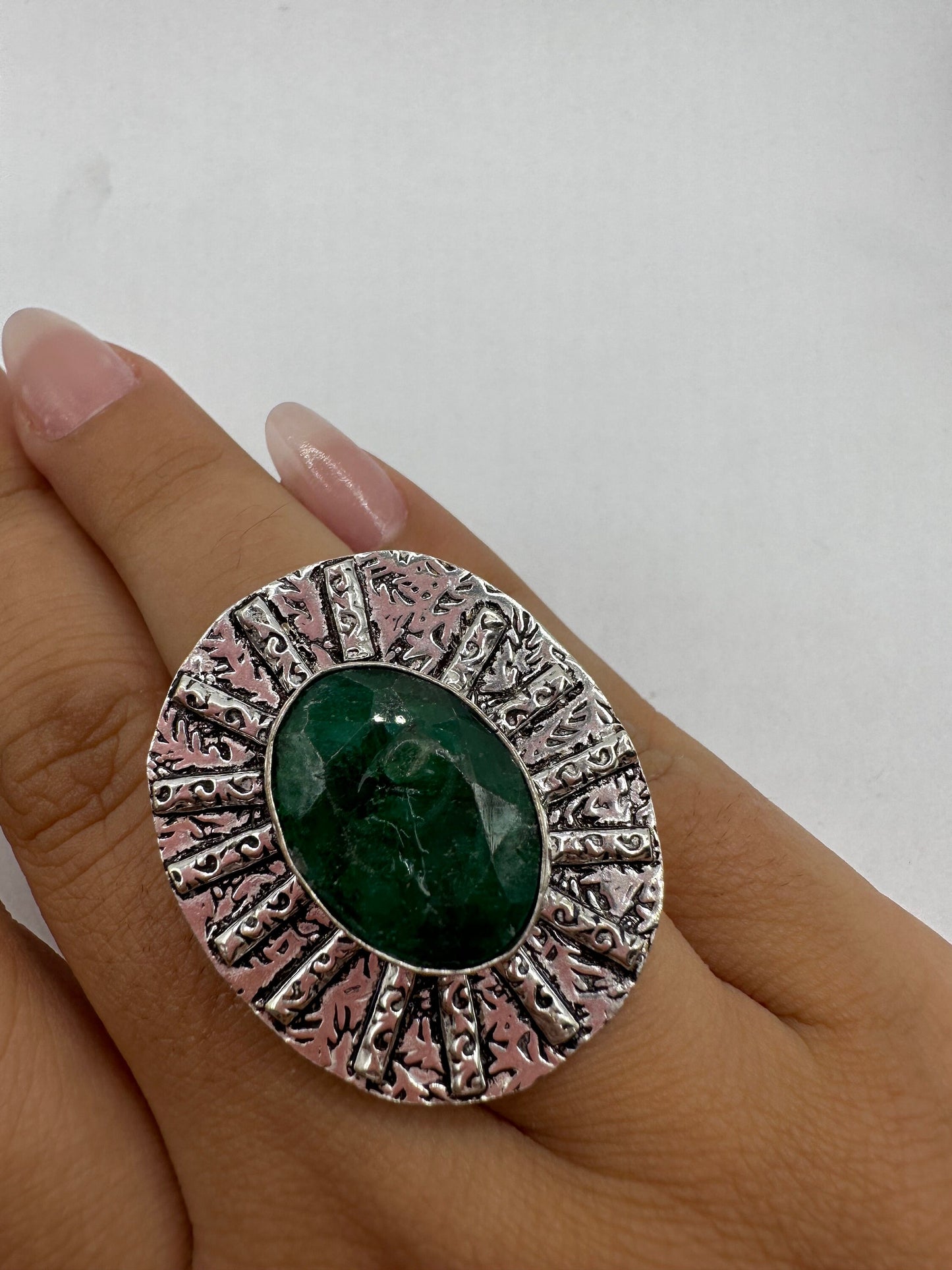 Vintage Green Raw Emerald Silver Bronze Statement Boho Ring