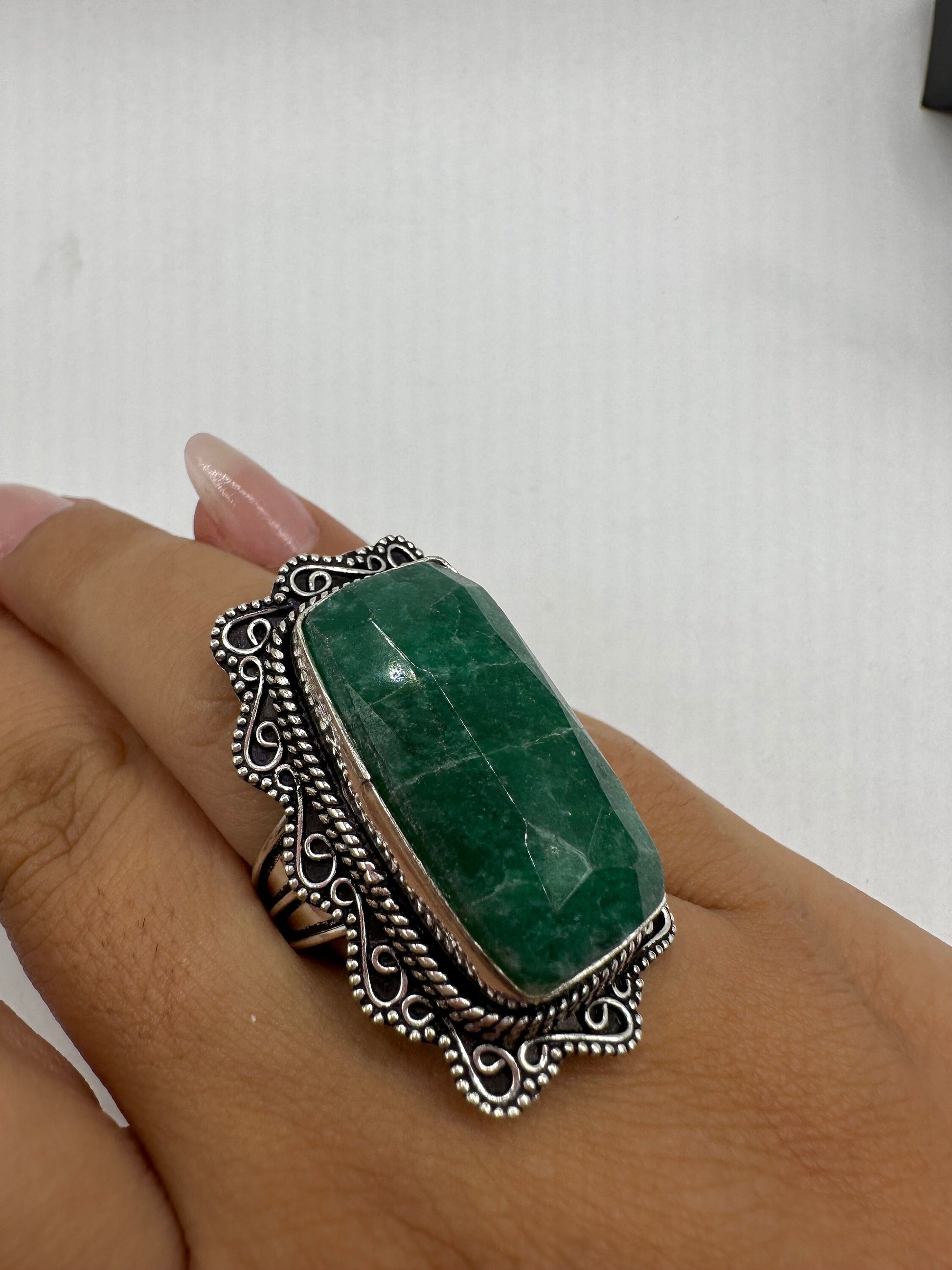 Vintage Green Raw Emerald Silver Bronze Statement Boho Ring