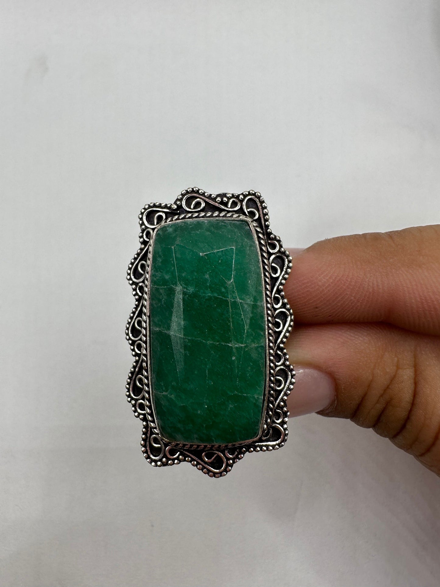 Vintage Green Raw Emerald Silver Bronze Statement Boho Ring