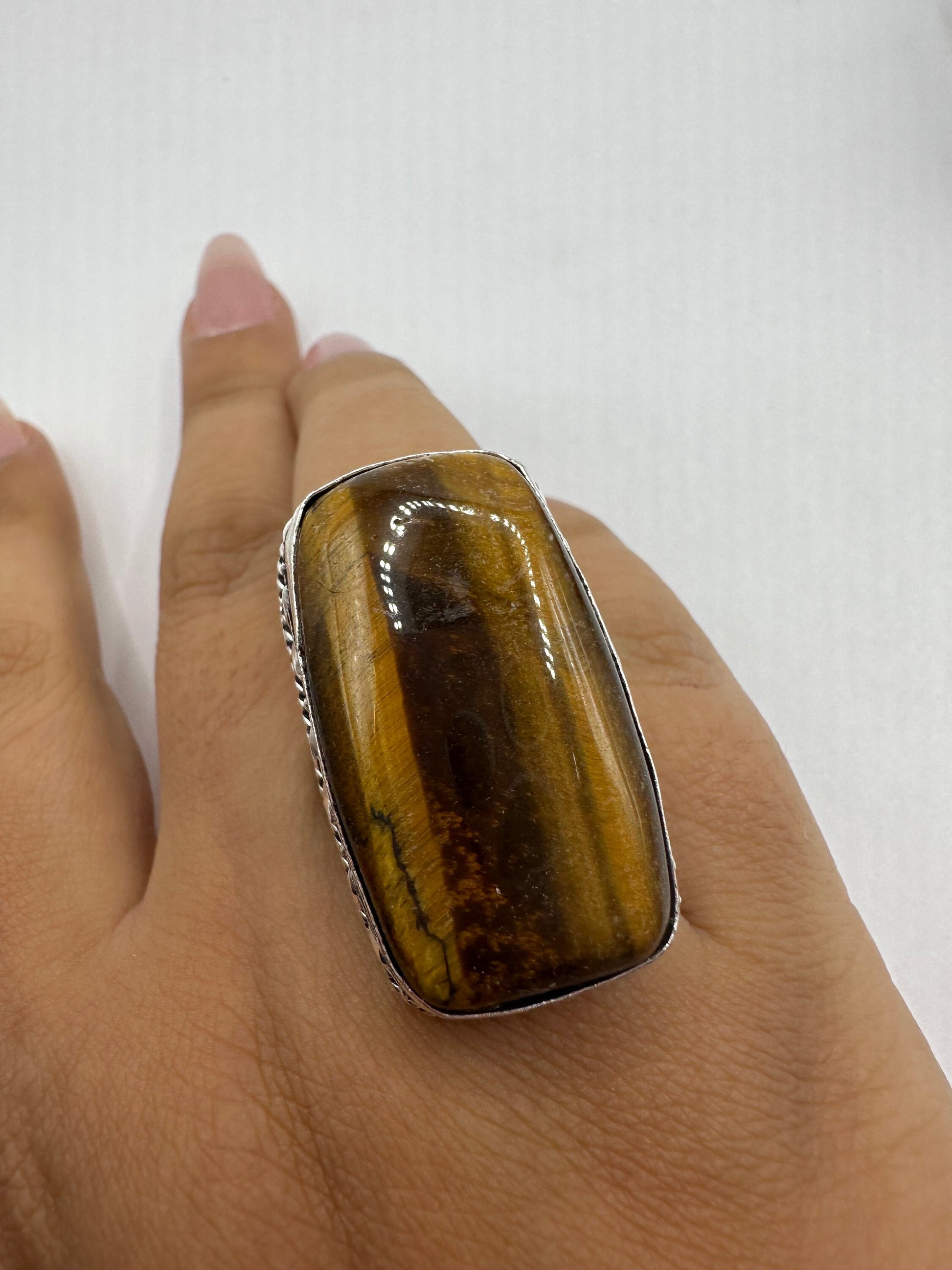 Vintage Tigers Eye Silver Cocktail Ring Size 9.25