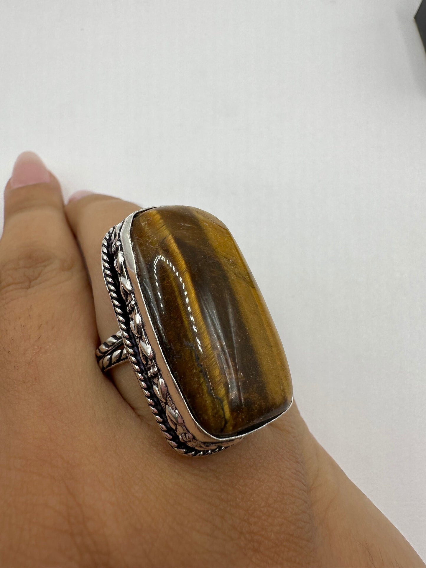 Vintage Tigers Eye Silver Cocktail Ring Size 9.25