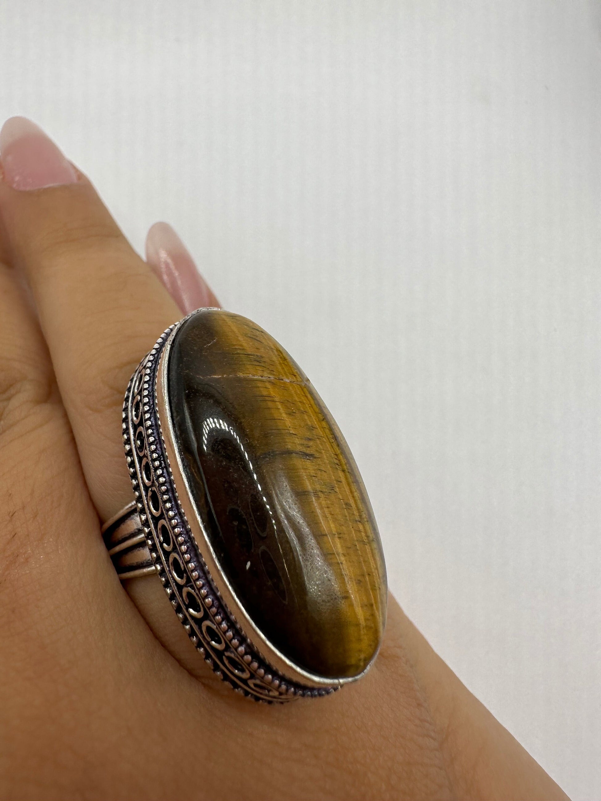 Vintage Tigers Eye Silver Cocktail Ring Size 7.75