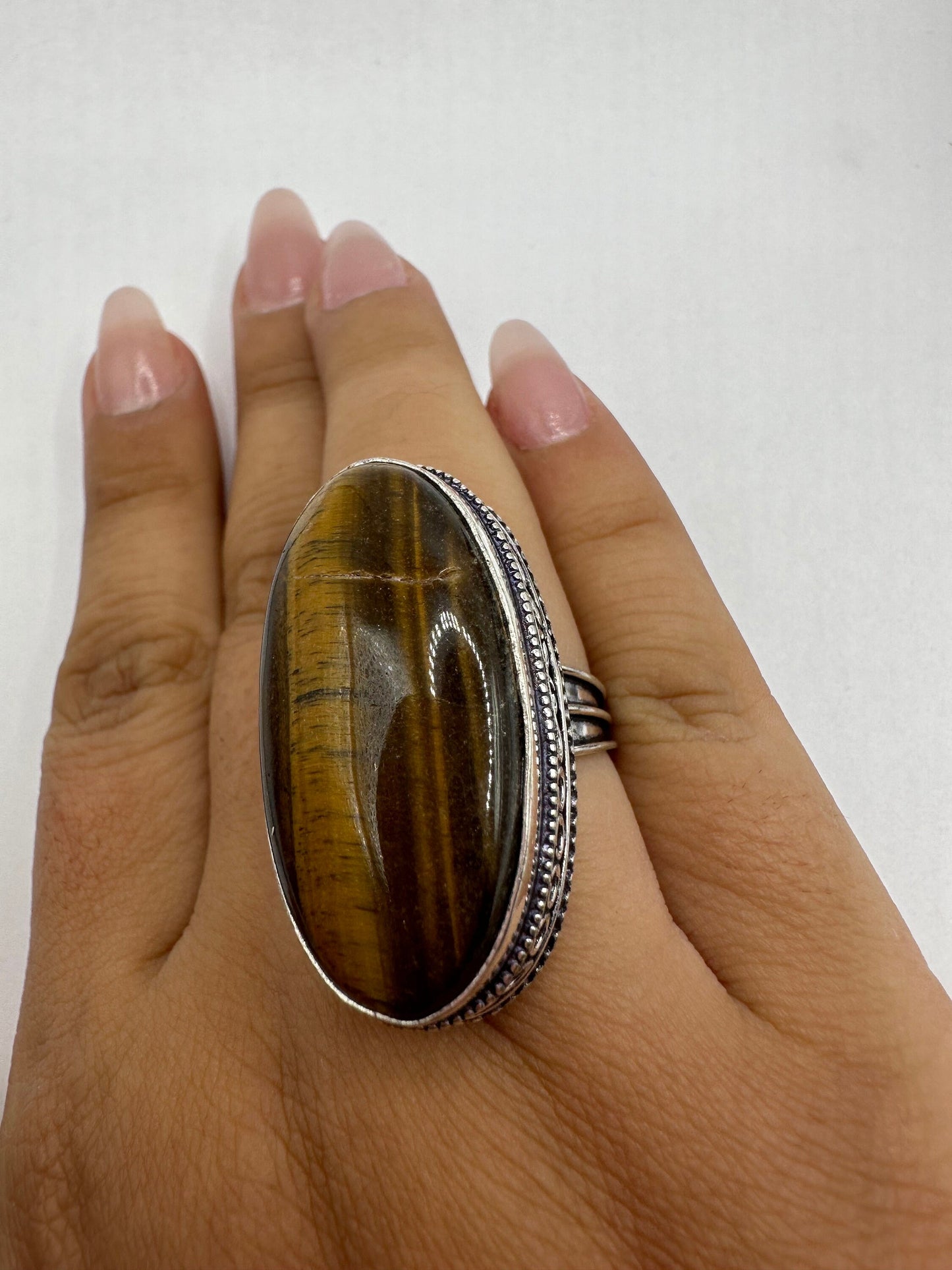 Vintage Tigers Eye Silver Cocktail Ring Size 7.75