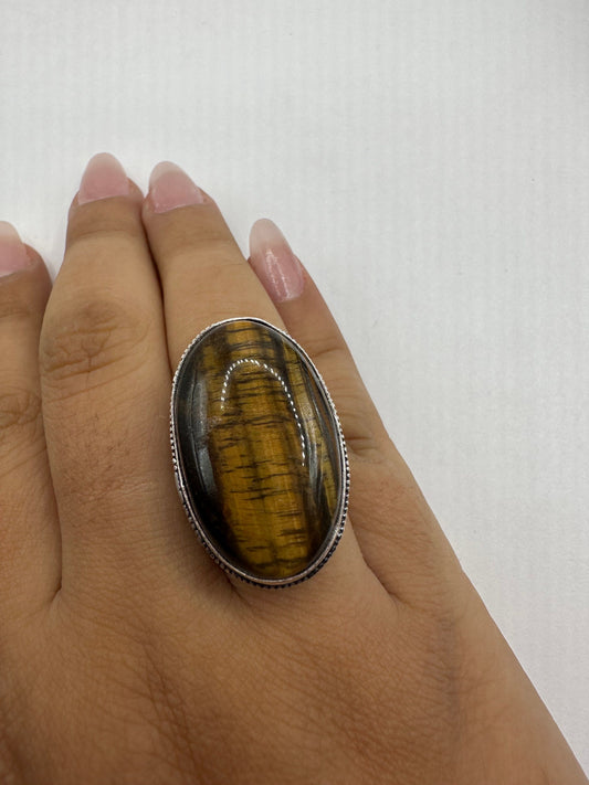 Vintage Tigers Eye Silver Cocktail Ring Size 8
