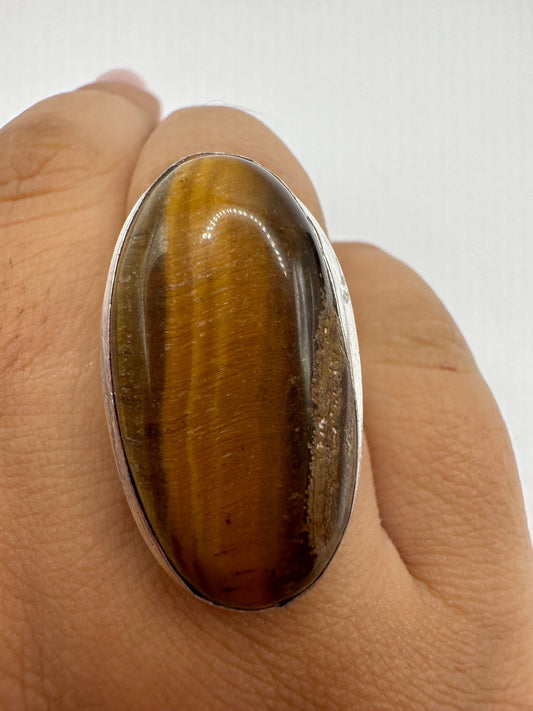 Vintage Tigers Eye Silver Cocktail Ring Size 7