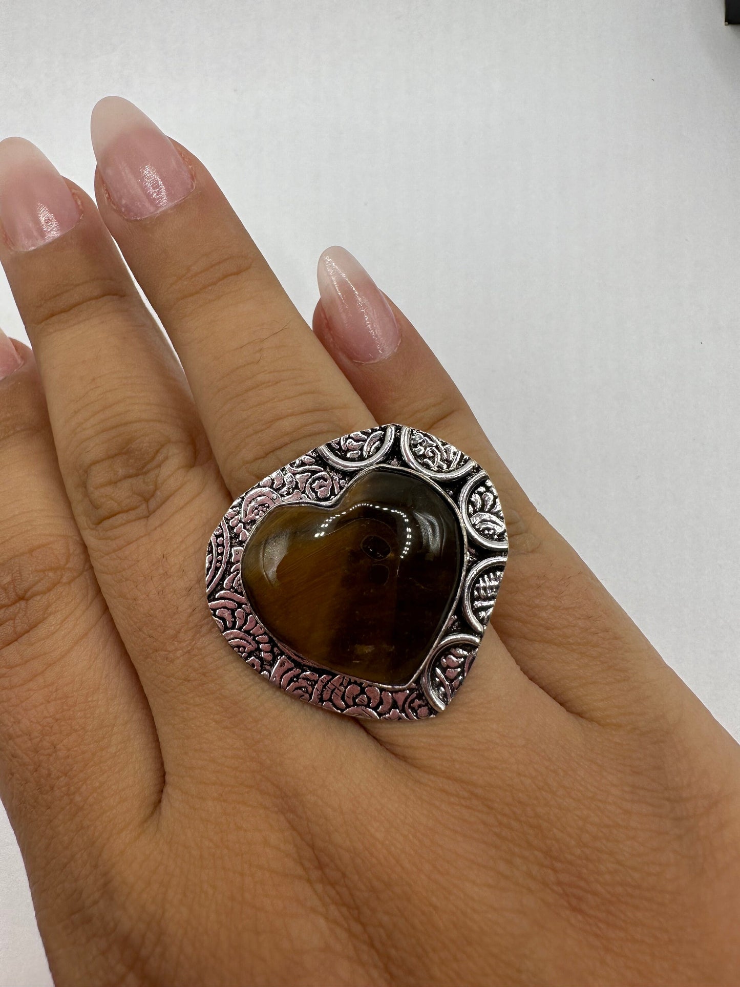 Vintage Tigers Eye Heart Silver Cocktail Ring Size 8.5