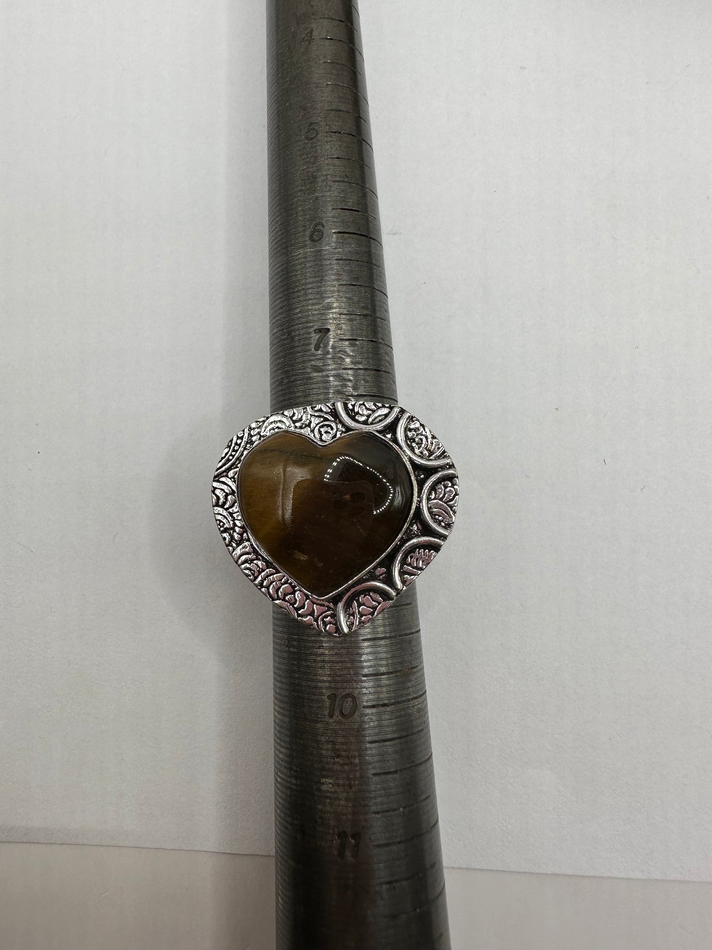 Vintage Tigers Eye Heart Silver Cocktail Ring Size 8.5