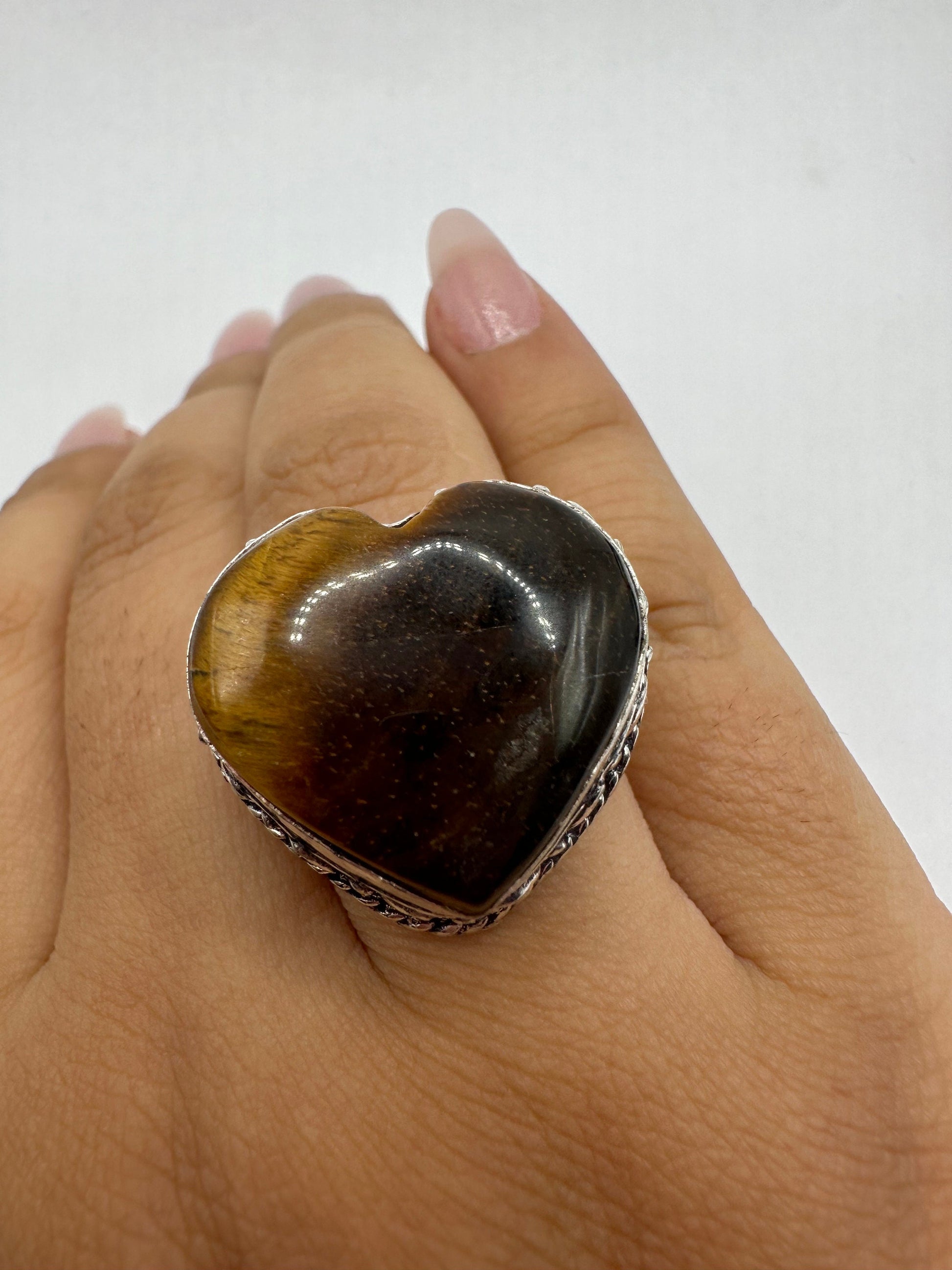 Vintage Tigers Eye Heart Silver Cocktail Ring Size 8.25