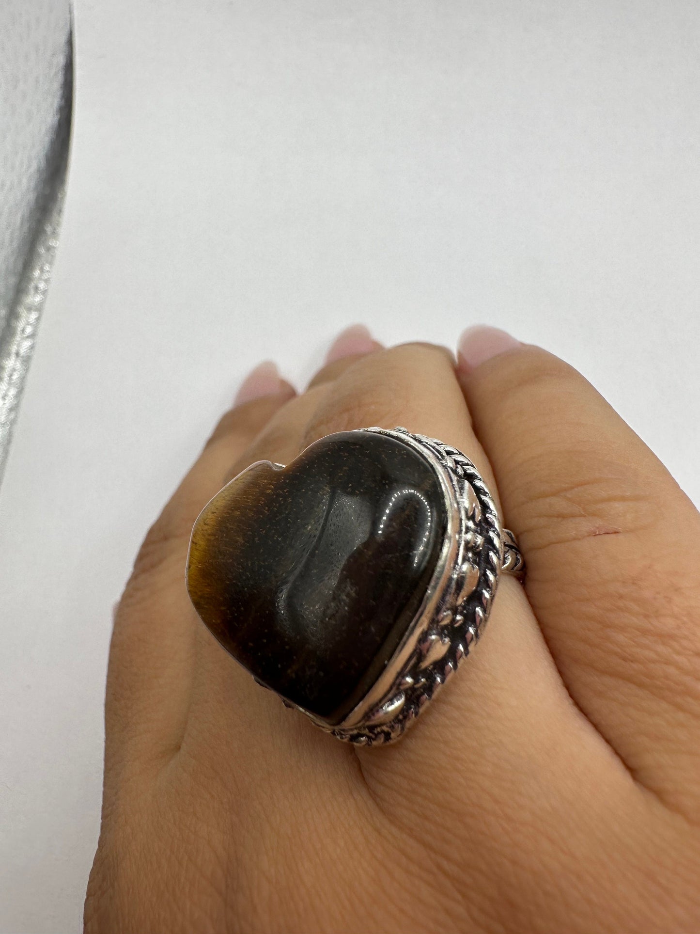 Vintage Tigers Eye Heart Silver Cocktail Ring Size 8.25