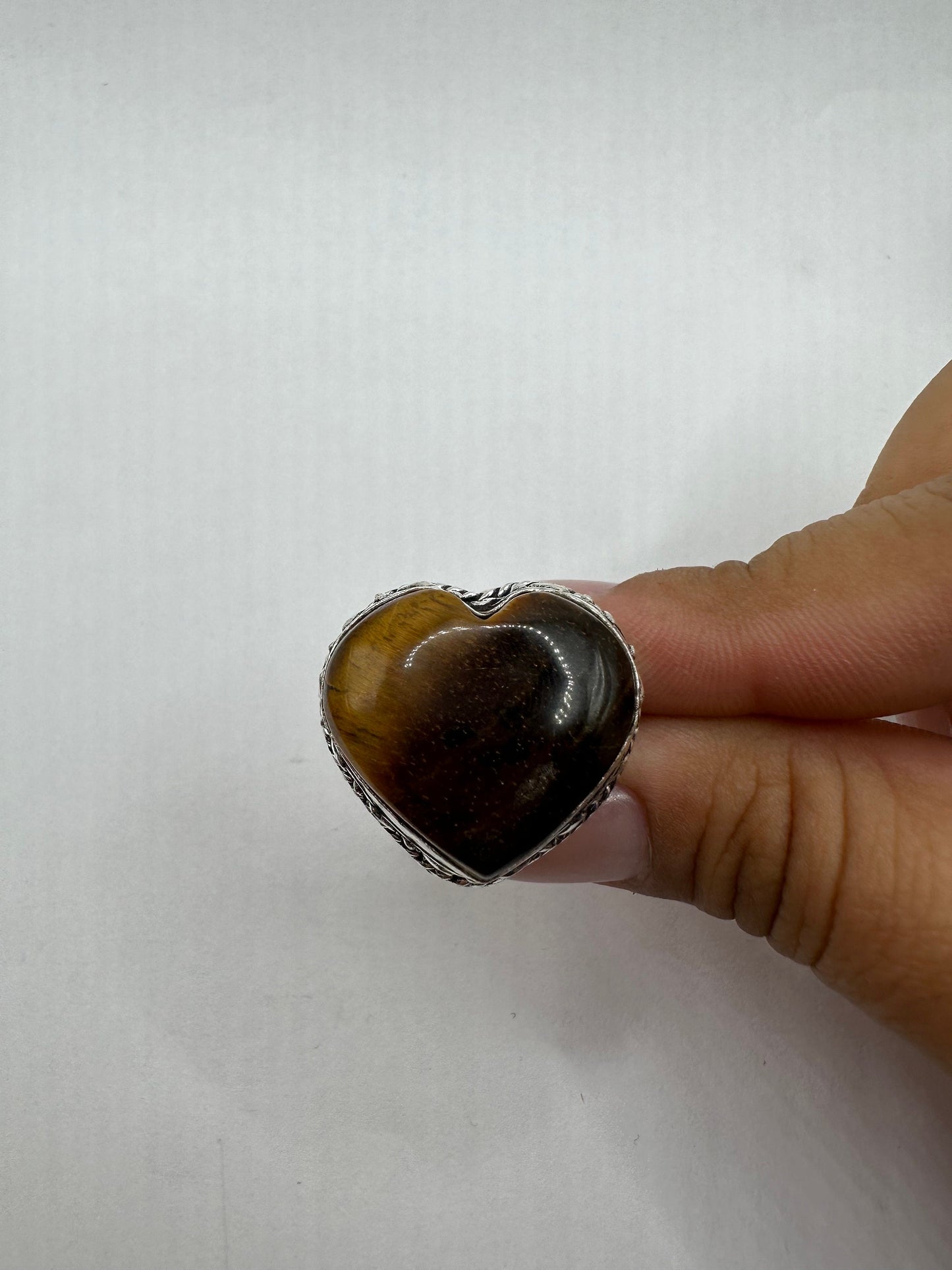 Vintage Tigers Eye Heart Silver Cocktail Ring Size 8.25