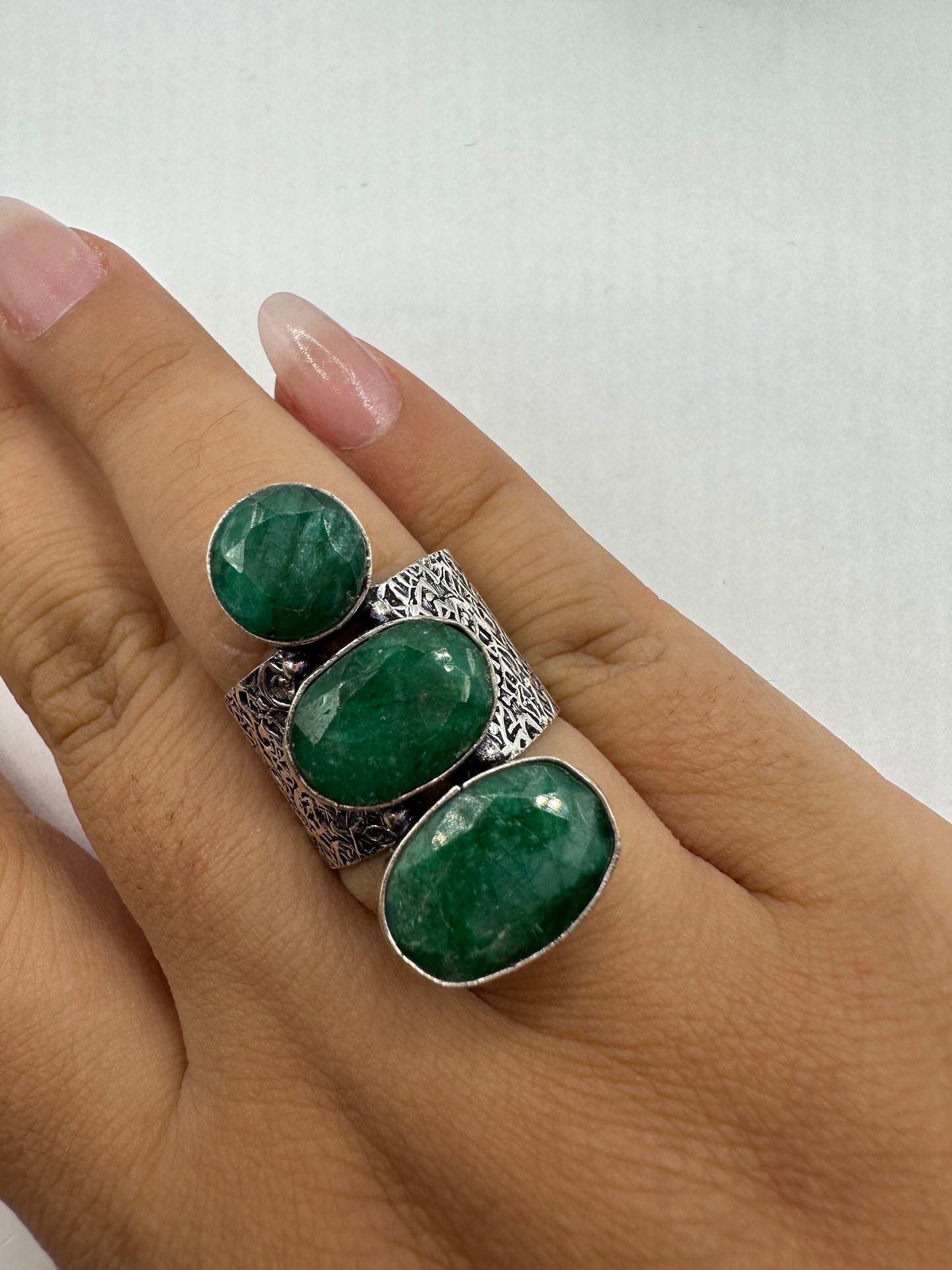 Vintage Green Raw Emerald White Bronze Statement Ring