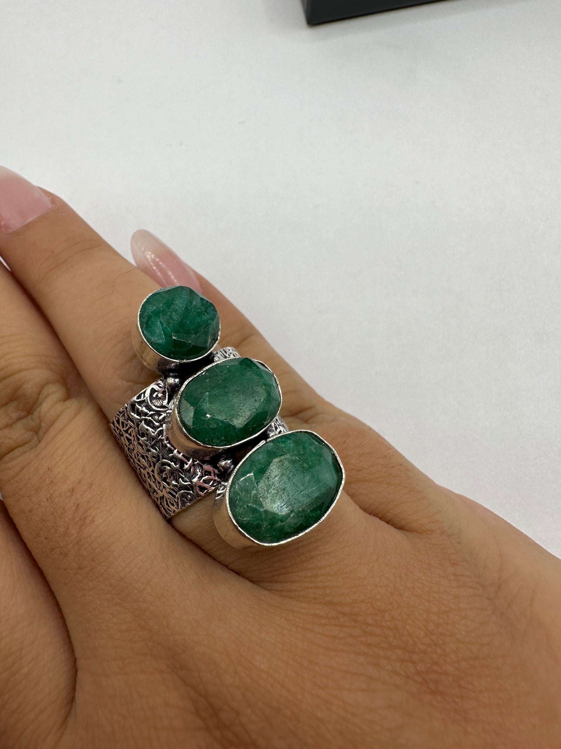 Vintage Green Raw Emerald White Bronze Statement Ring