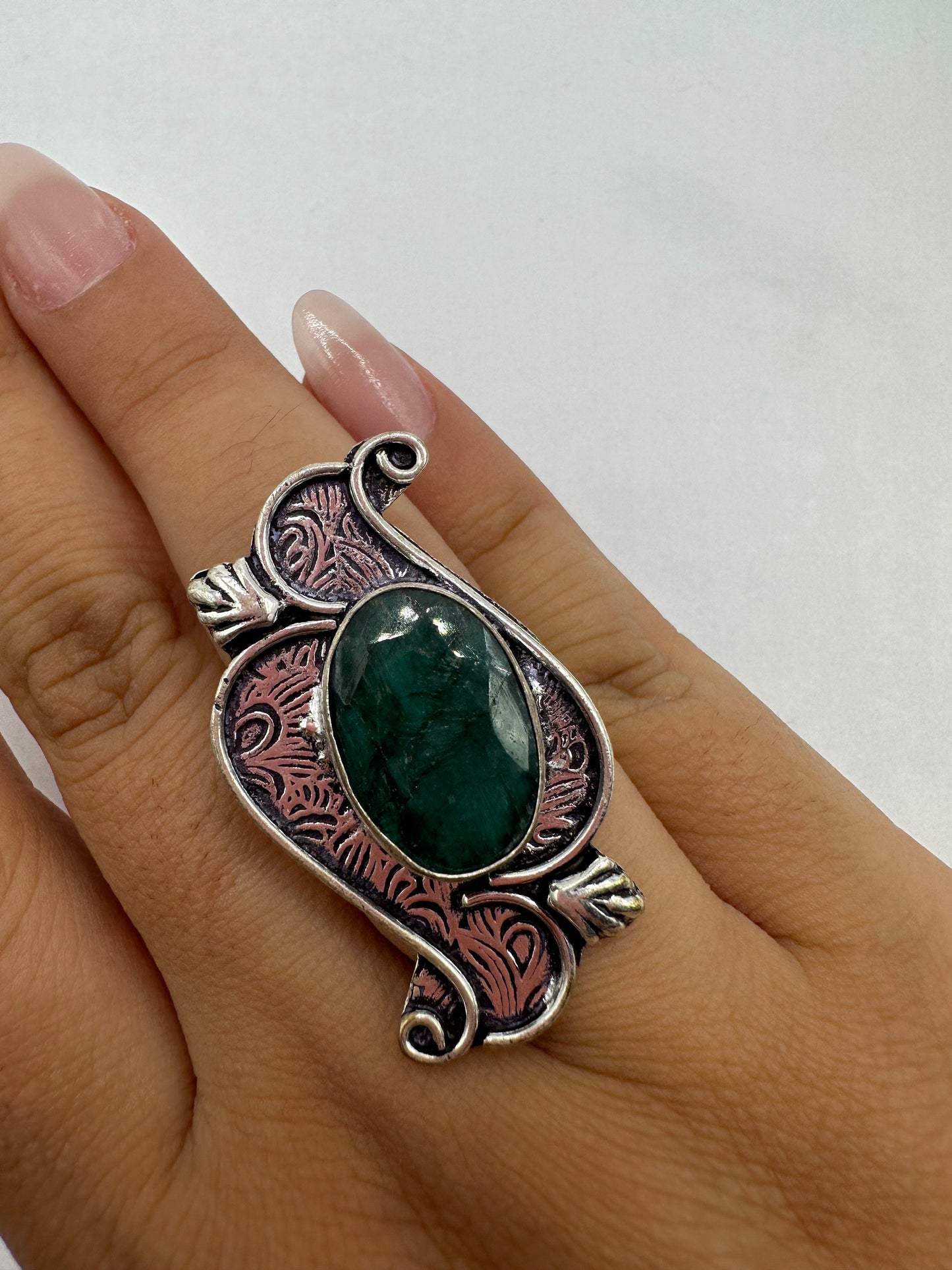 Vintage Green Raw Emerald White Bronze Statement Ring