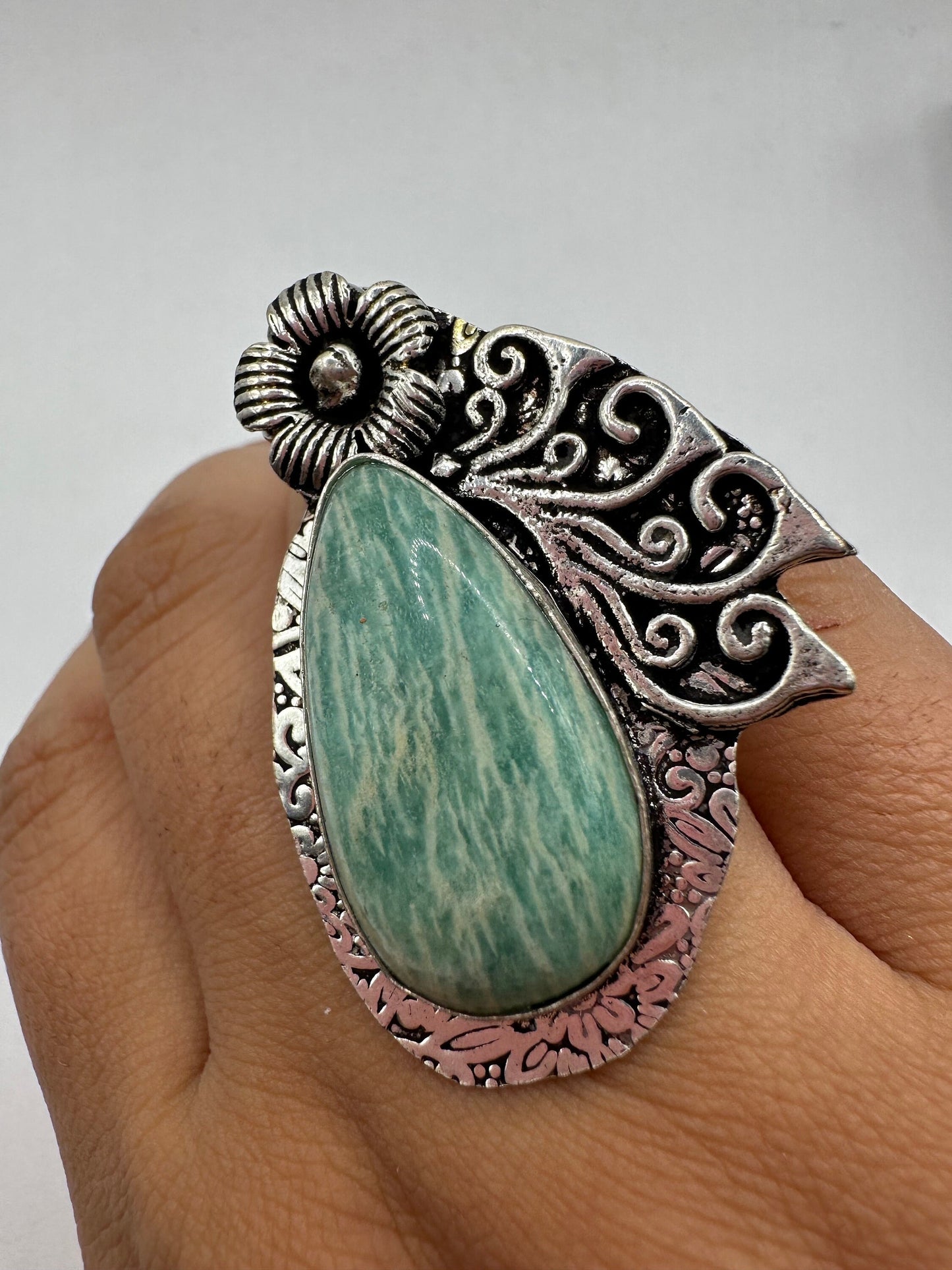 Vintage Green Amazonite Silver Ring Size 8