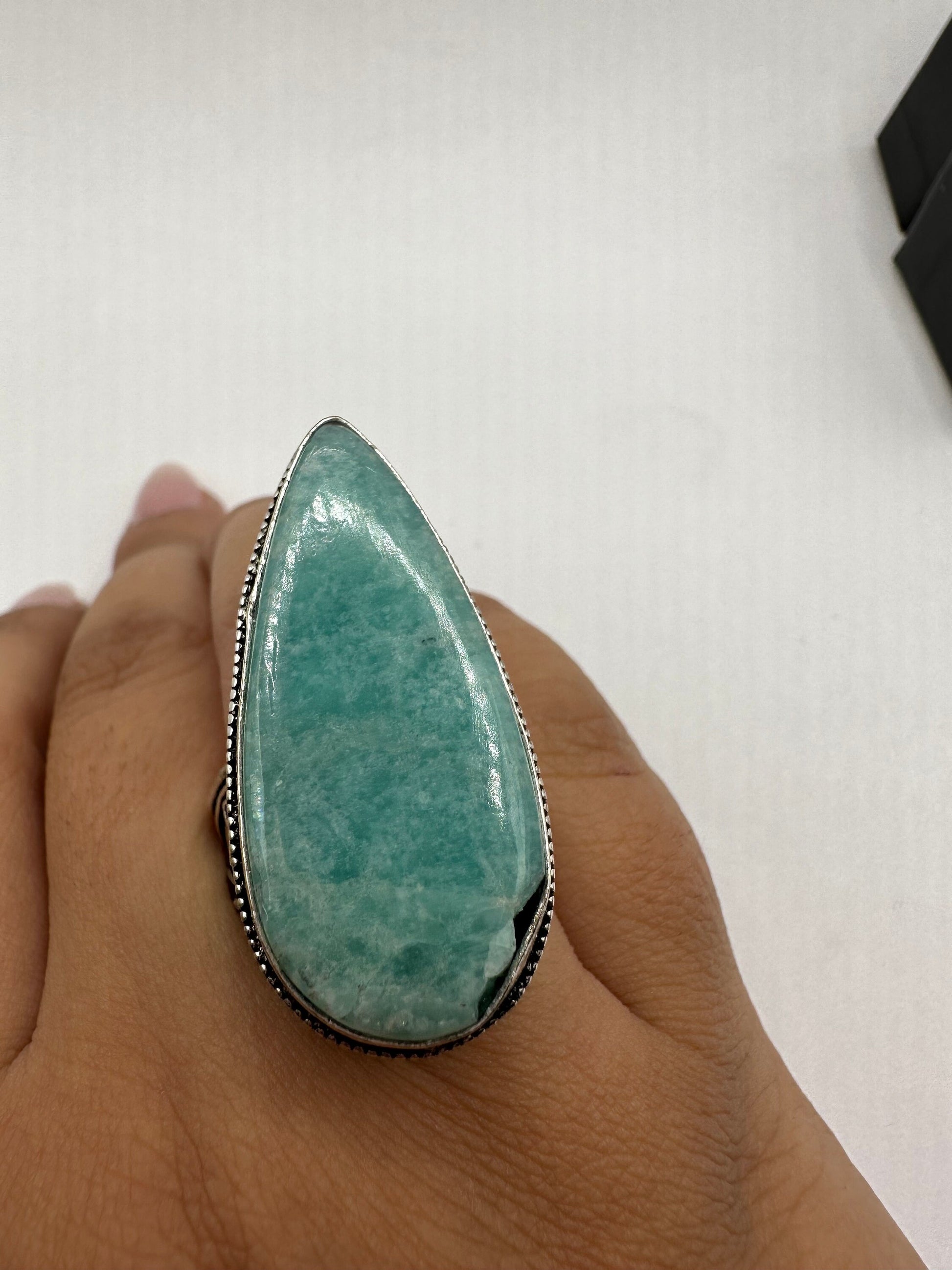 Vintage Green Amazonite Silver Ring Size 9.25