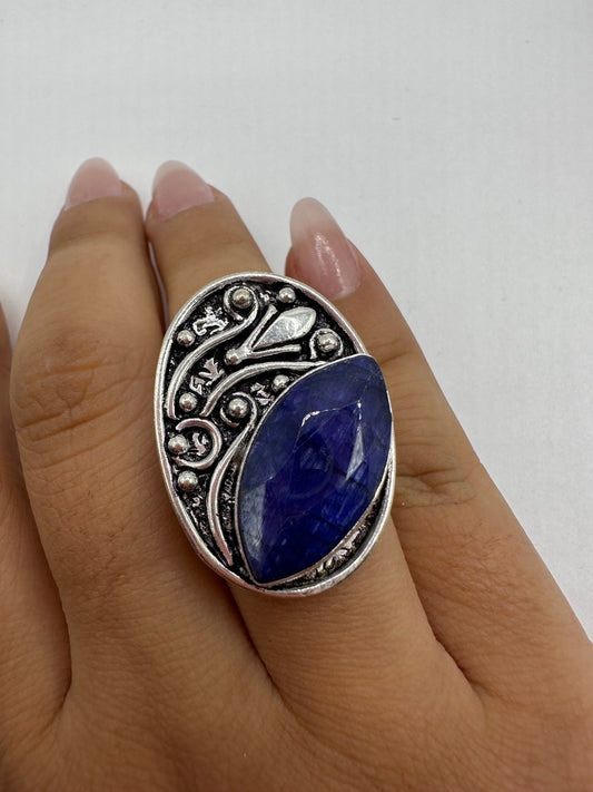 Vintage Raw Blue Sapphire White Bronze Silver Cocktail Ring