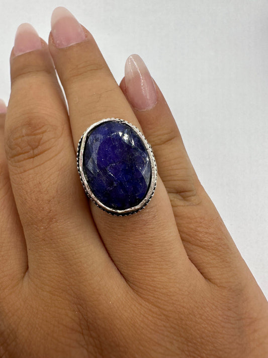 Vintage Raw Blue Sapphire White Bronze Silver Cocktail Ring