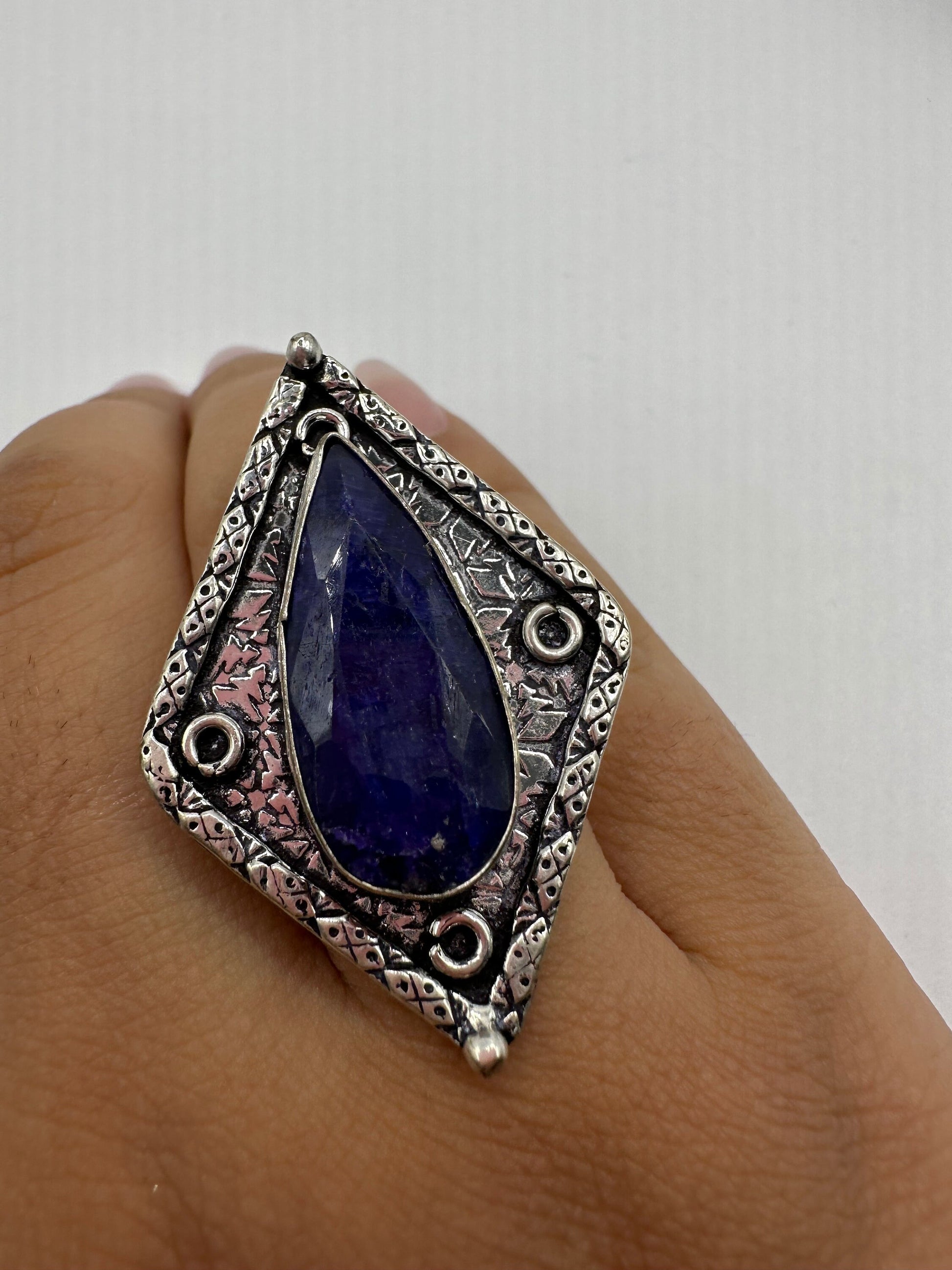 Vintage Raw Blue Sapphire White Bronze Silver Cocktail Ring