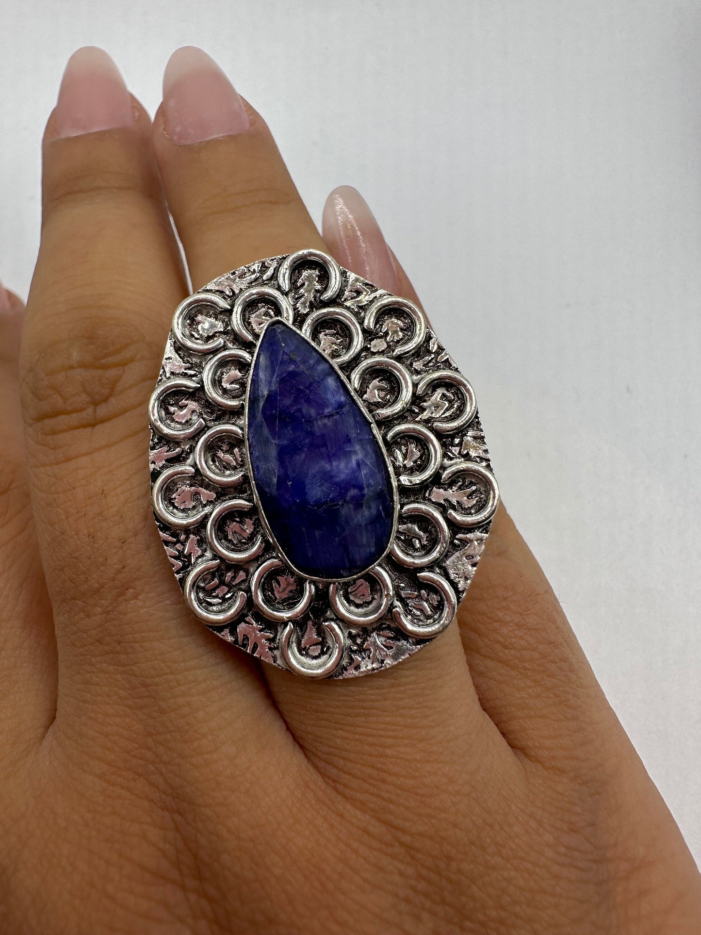 Vintage Raw Blue Sapphire White Bronze Silver Cocktail Ring