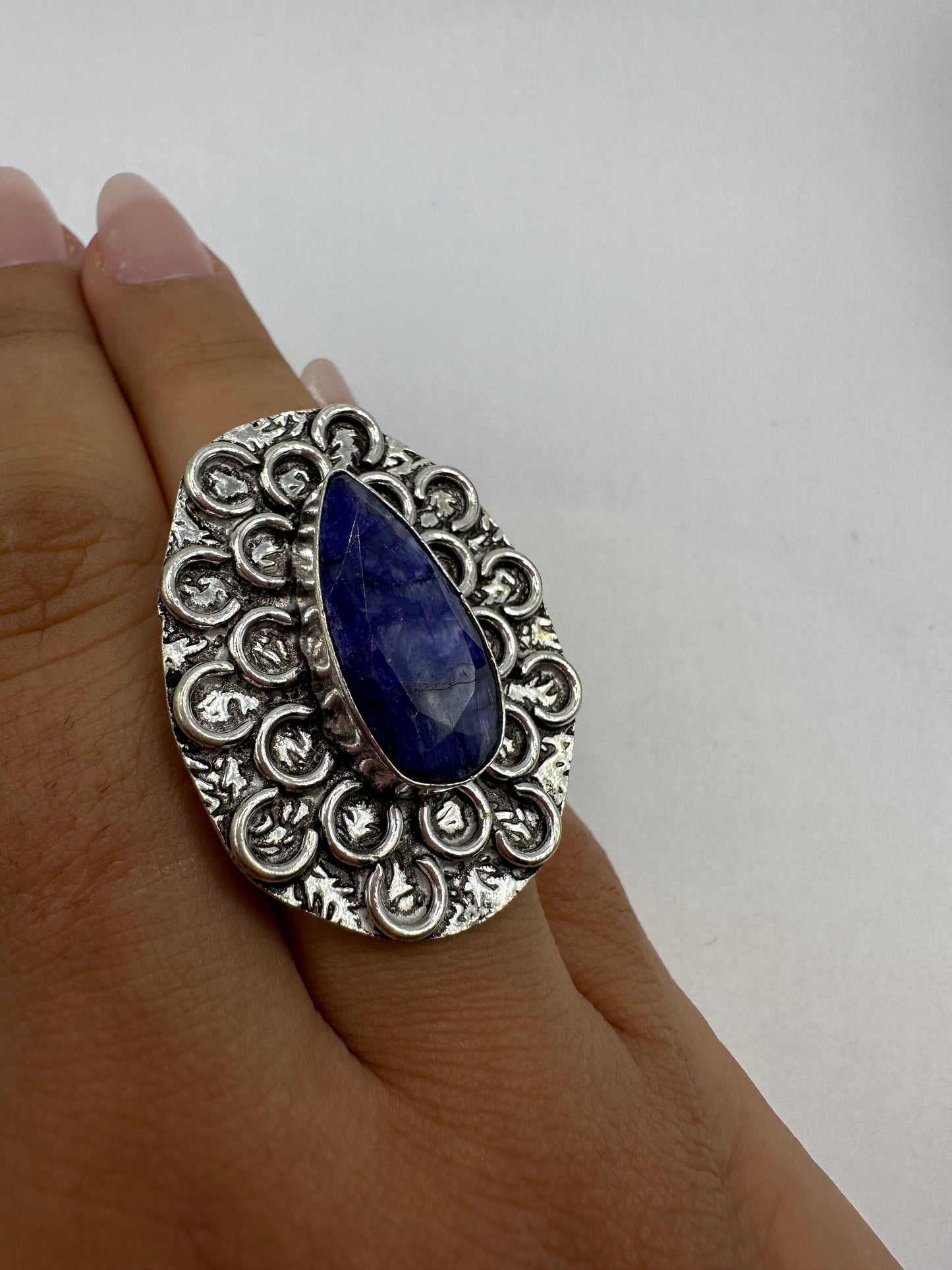 Vintage Raw Blue Sapphire White Bronze Silver Cocktail Ring